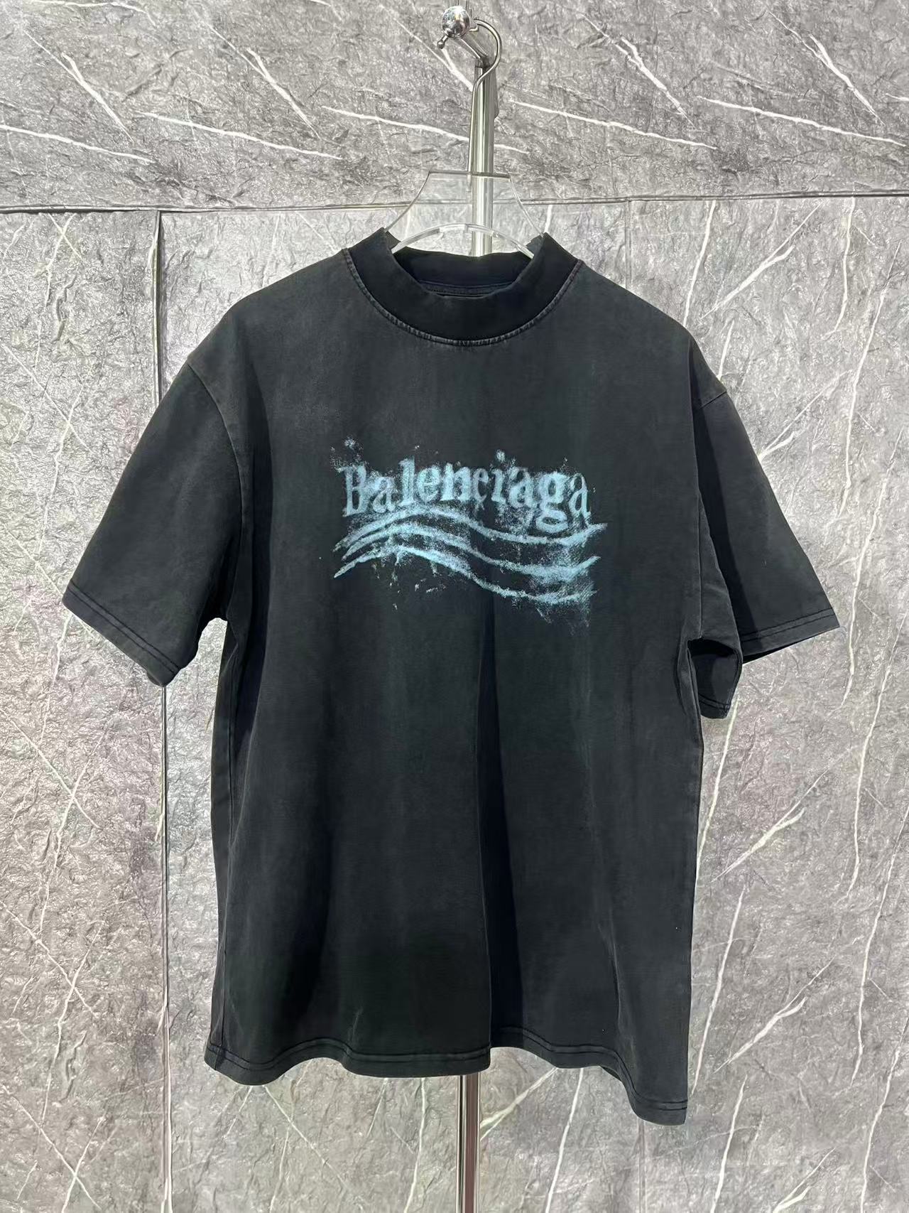 P85 Balenciaga BLCG FW26 nuevo con estampado de tinta de agua y olas de cola, camiseta de manga corta lavada. Diseño bo…