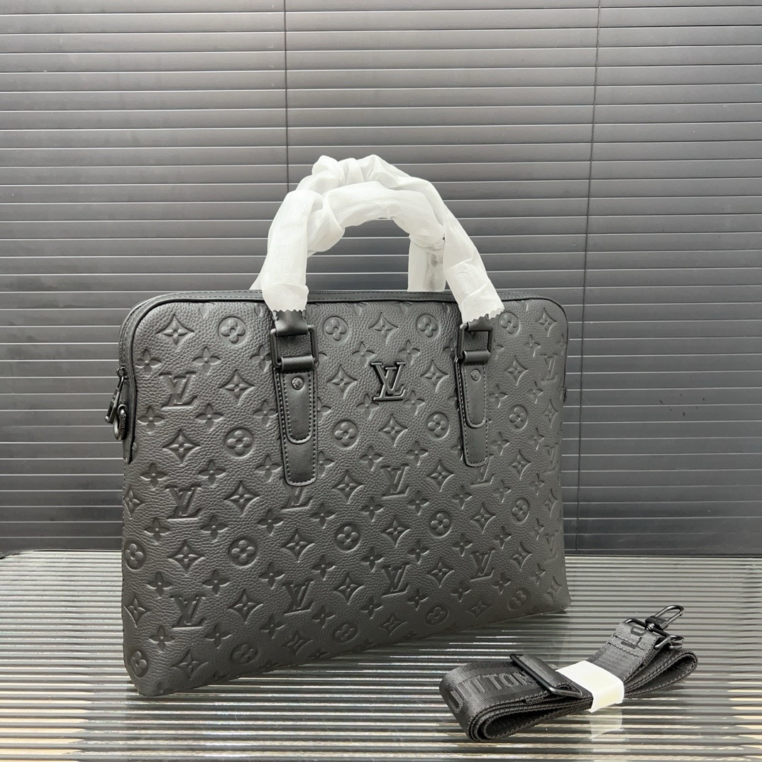 Louis Vuitton Black Leather Embossed Monogram Pattern Business Bag 38 cm