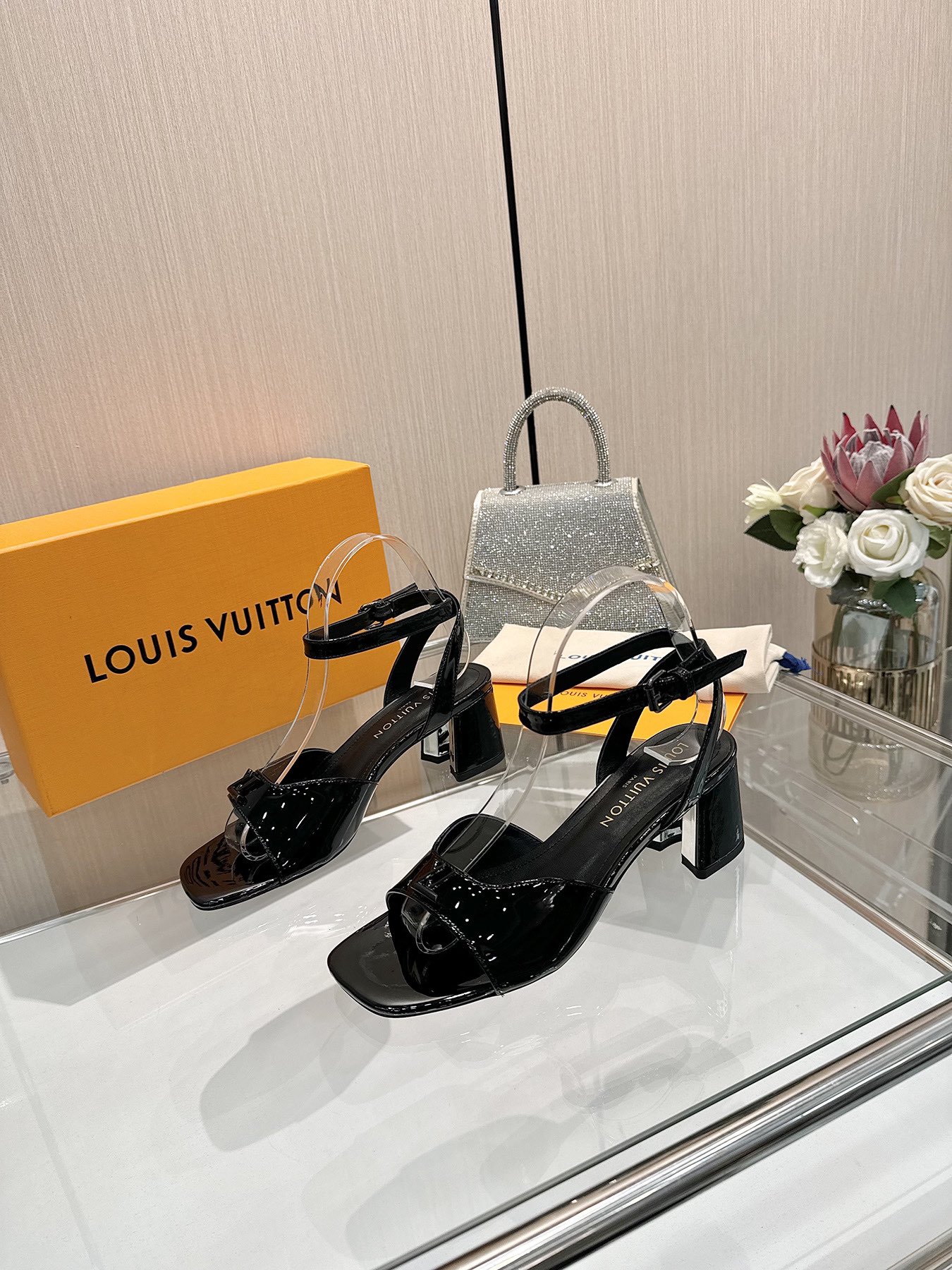 Louis Vuitton Women's Black Patent Leather Block Heel Sandals 2 i1743255799 2209 8