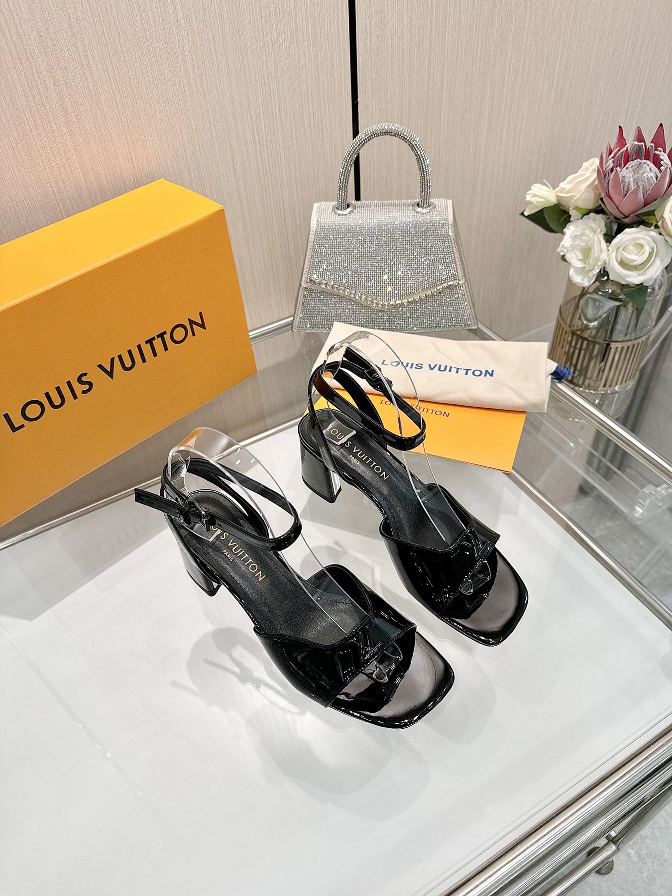 Louis Vuitton Women's Black Patent Leather Block Heel Sandals 4 i1743255799 5642 0