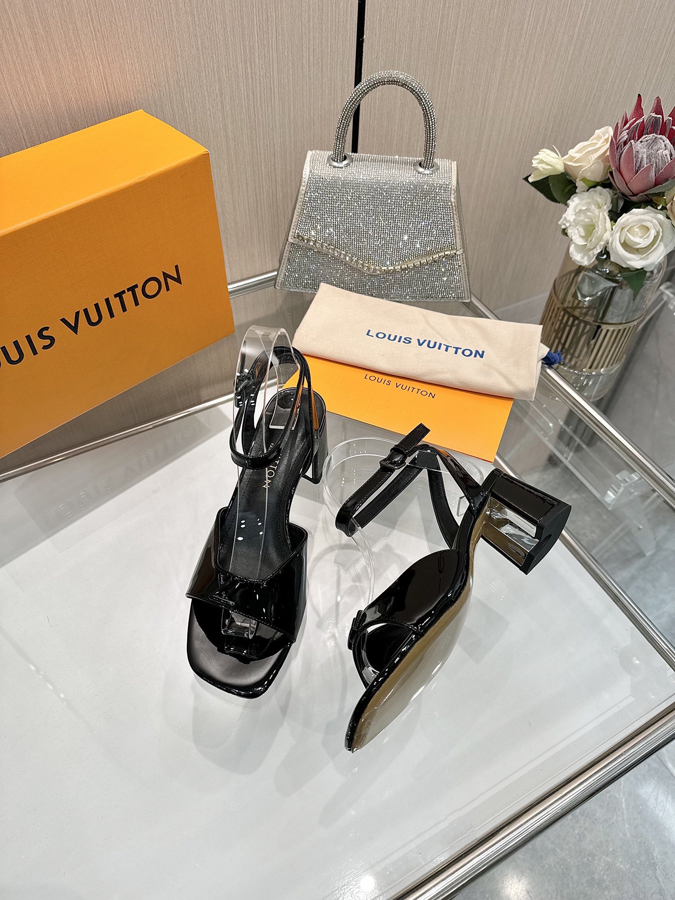 Louis Vuitton Women's Black Patent Leather Block Heel Sandals 3 i1743255799 7076 7