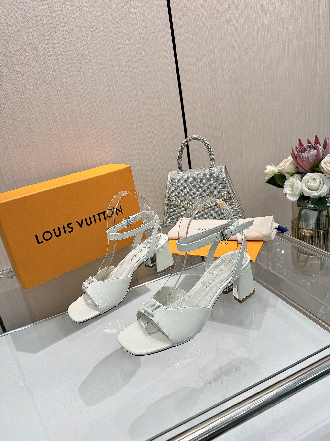 Louis Vuitton White Leather Block Heel Sandals, Ankle Strap, Designer Shoes 3 i1743255832 256 2