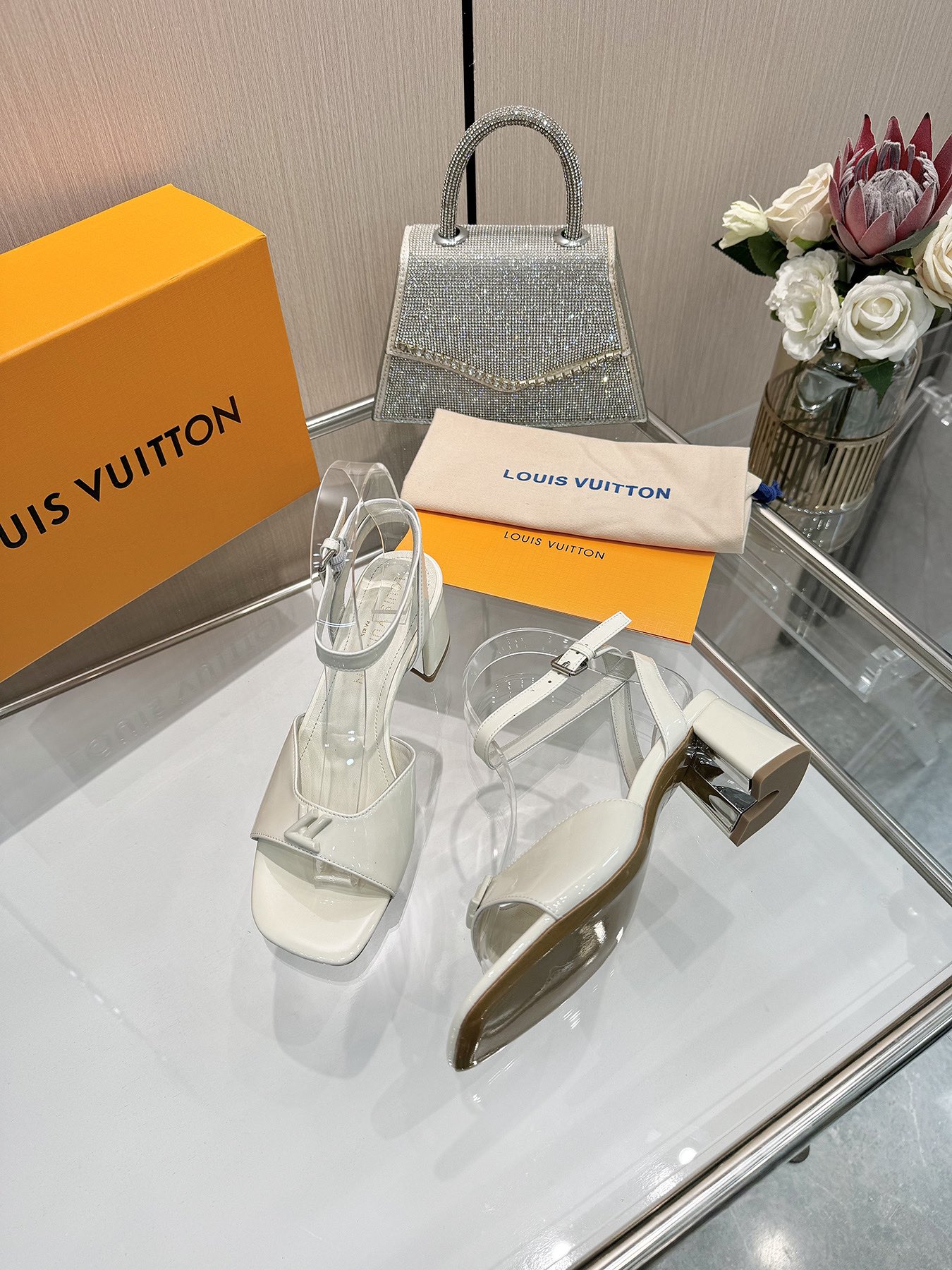 Louis Vuitton White Leather Block Heel Sandals, Ankle Strap, Designer Shoes 5 i1743255832 4339 0