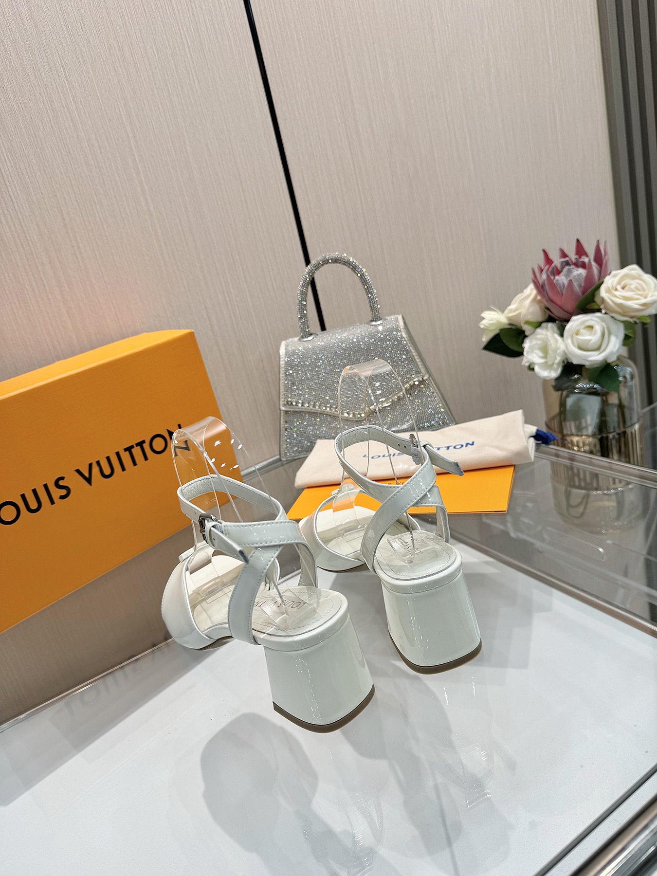 Louis Vuitton White Leather Block Heel Sandals, Ankle Strap, Designer Shoes 9 i1743255832 4369 4