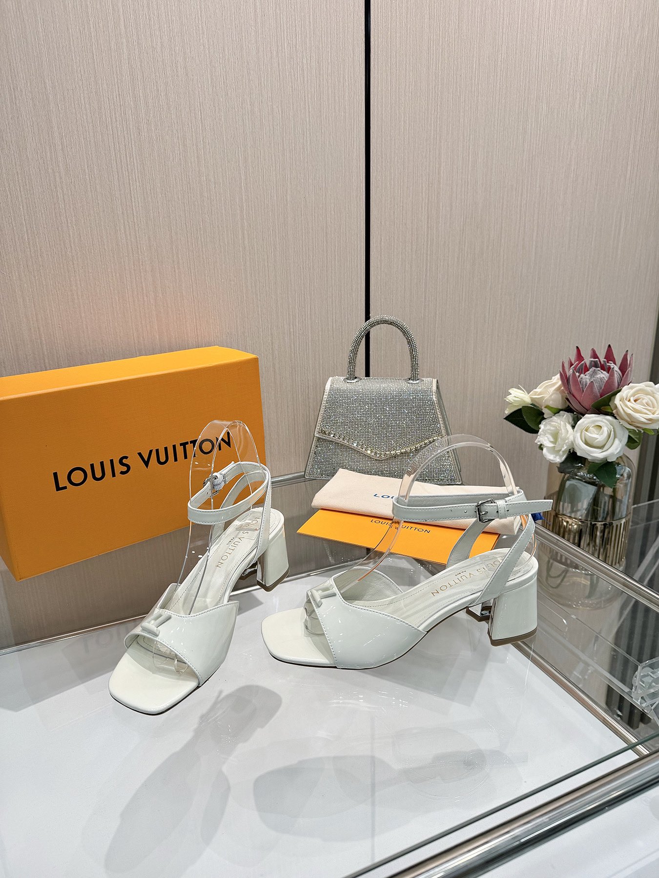 Louis Vuitton White Leather Block Heel Sandals, Ankle Strap, Designer Shoes 4 i1743255832 8657 5