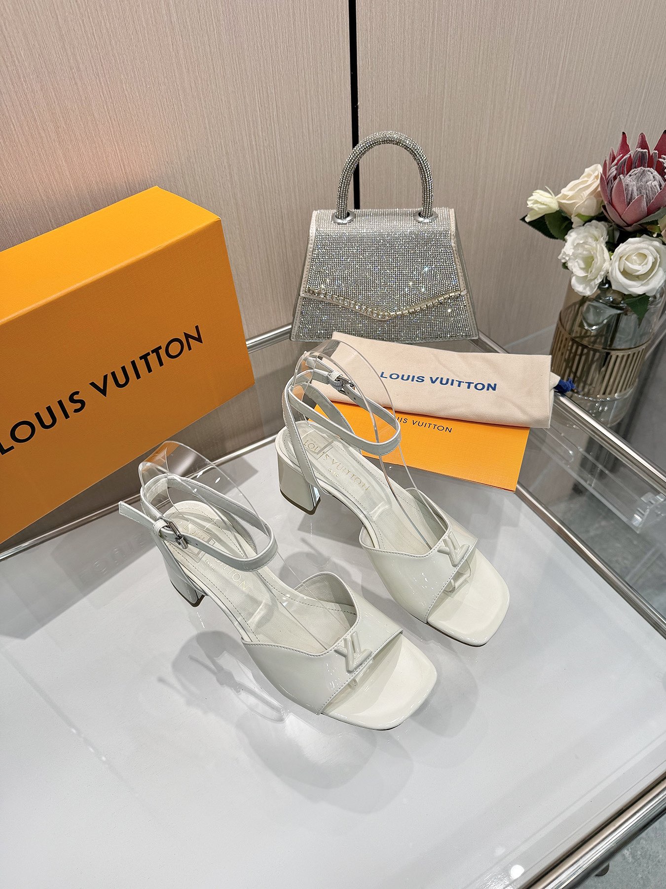 Louis Vuitton White Leather Block Heel Sandals, Ankle Strap, Designer Shoes 6 i1743255833 9372 7