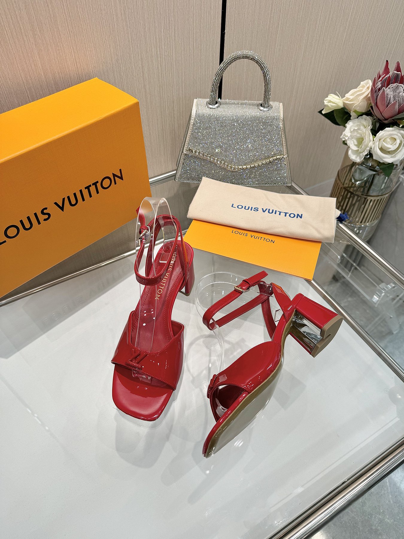 Louis Vuitton Red Patent Leather Sandals, Iconic V Buckle, Size Customizable 4 i1743255865 3608 2