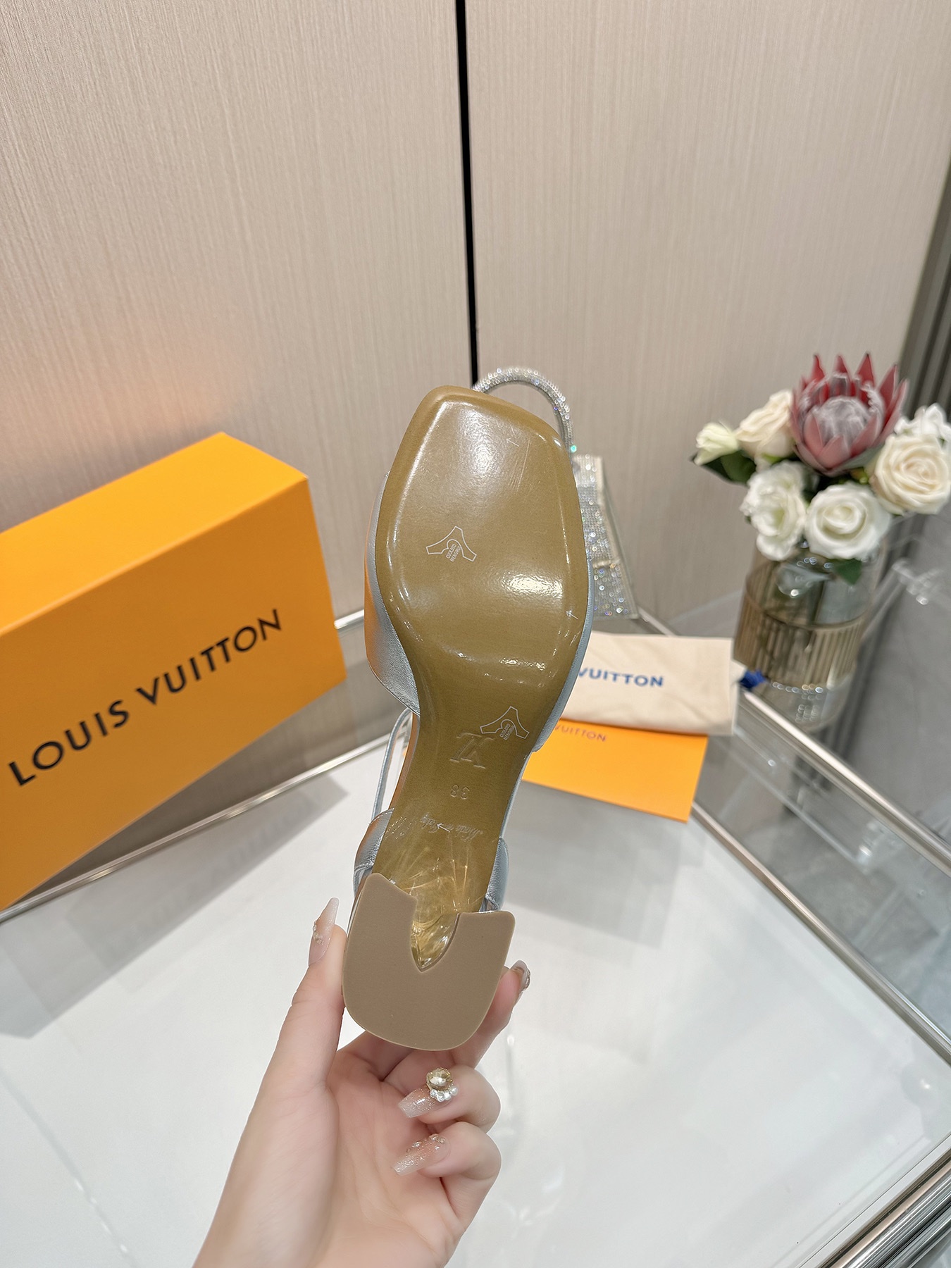 Louis Vuitton Women's Silver Leather Block Heel Sandals, Size 35-39 8 i1743255907 1029 1
