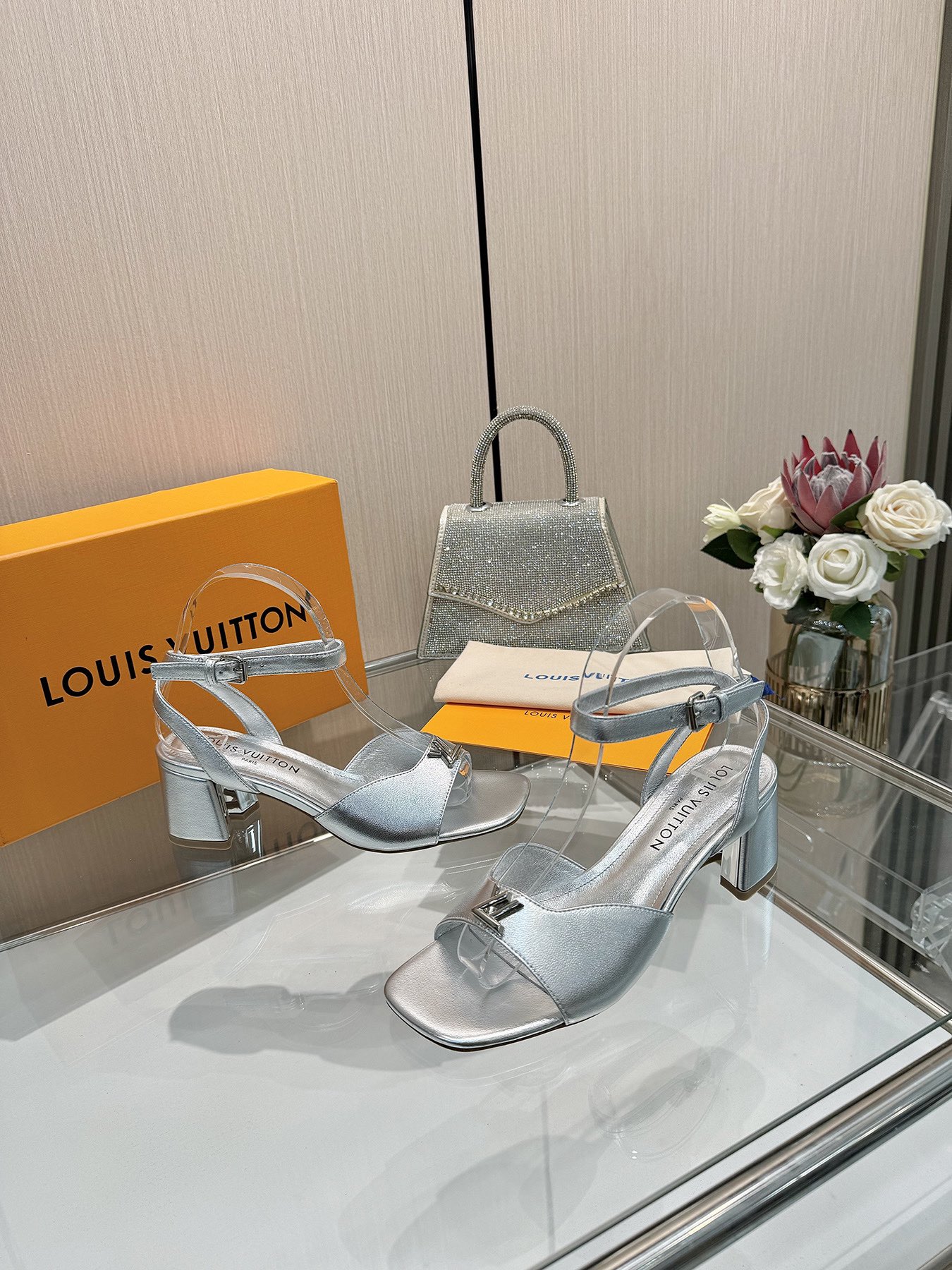 Louis Vuitton Women's Silver Leather Block Heel Sandals, Size 35-39 5 i1743255907 2624 6