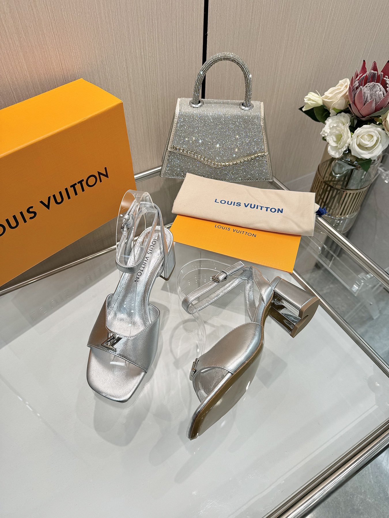 Louis Vuitton Women's Silver Leather Block Heel Sandals, Size 35-39 4 i1743255907 6335 9
