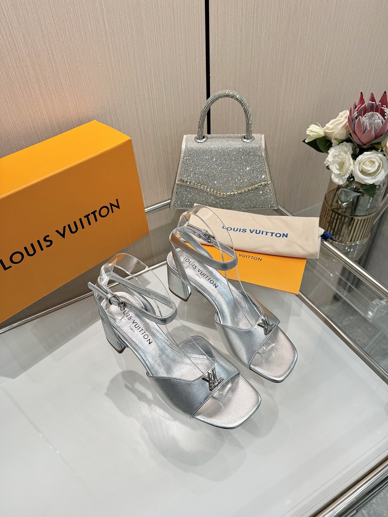Louis Vuitton Women's Silver Leather Block Heel Sandals, Size 35-39 10 i1743255907 8716 5