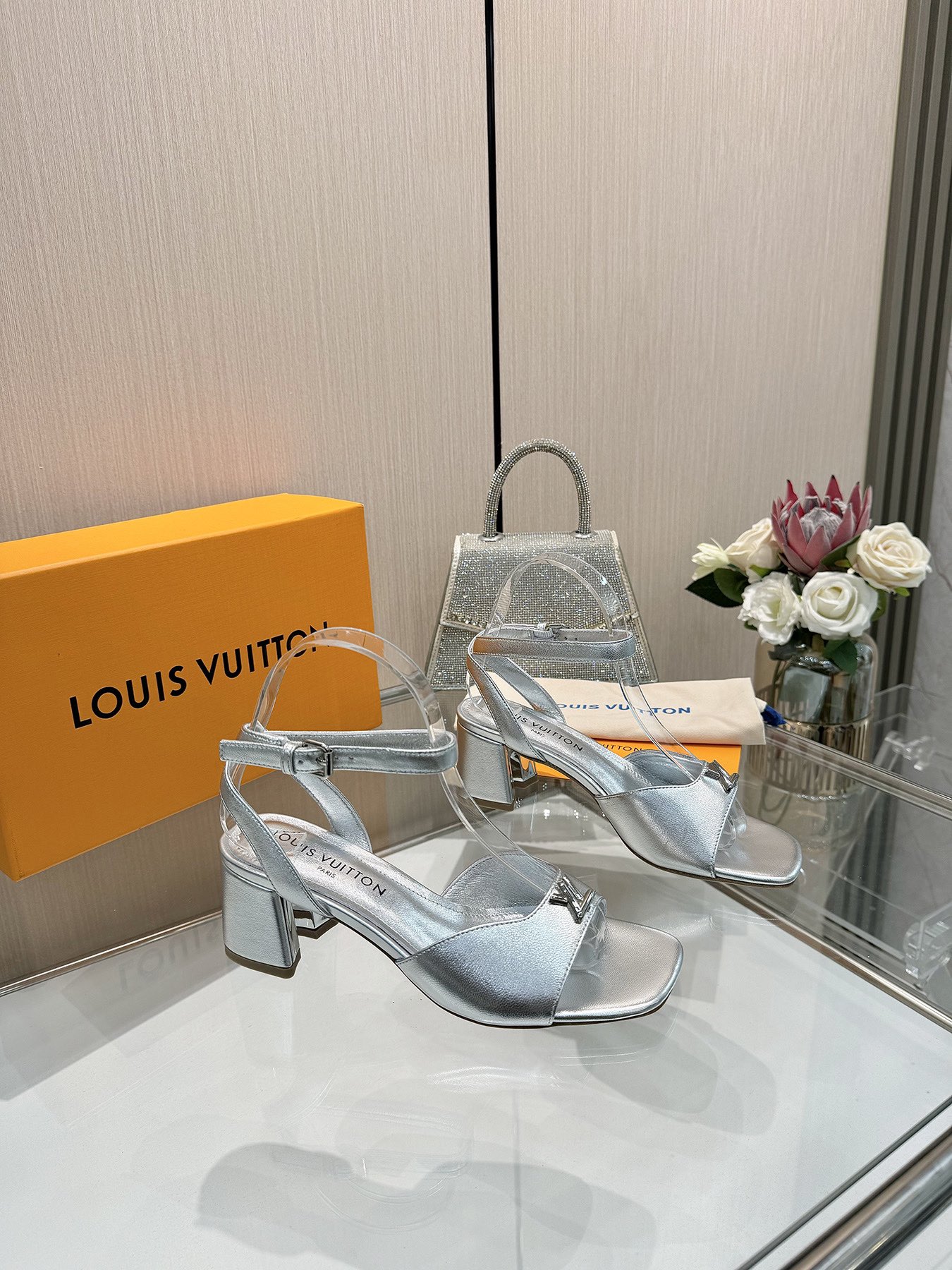 Louis Vuitton Women's Silver Leather Block Heel Sandals, Size 35-39 1 Louis Vuitton Women's Silver Leather Block Heel Sandals, Size 35-39