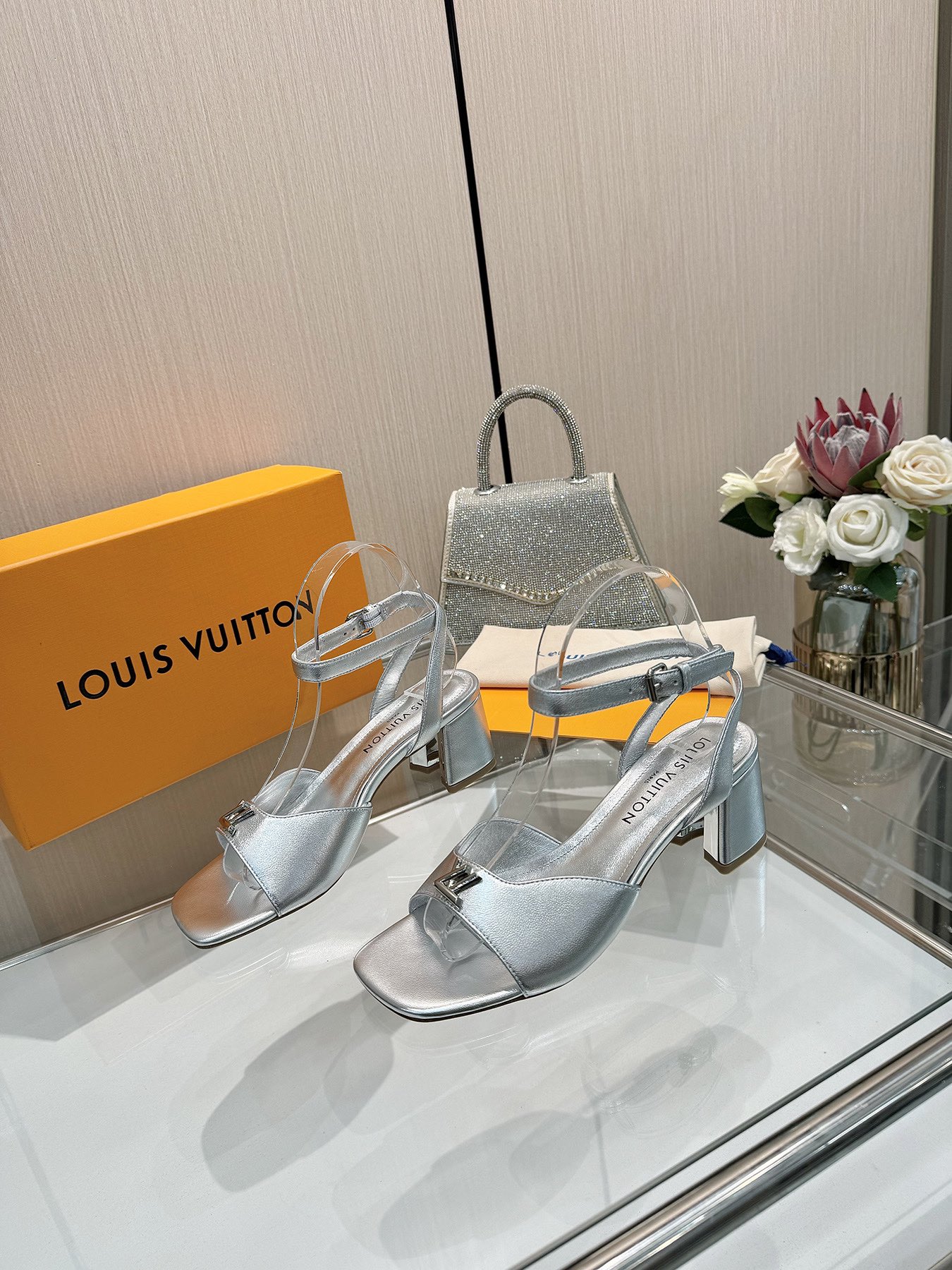 Louis Vuitton Women's Silver Leather Block Heel Sandals, Size 35-39 3 i1743255907 9301 2