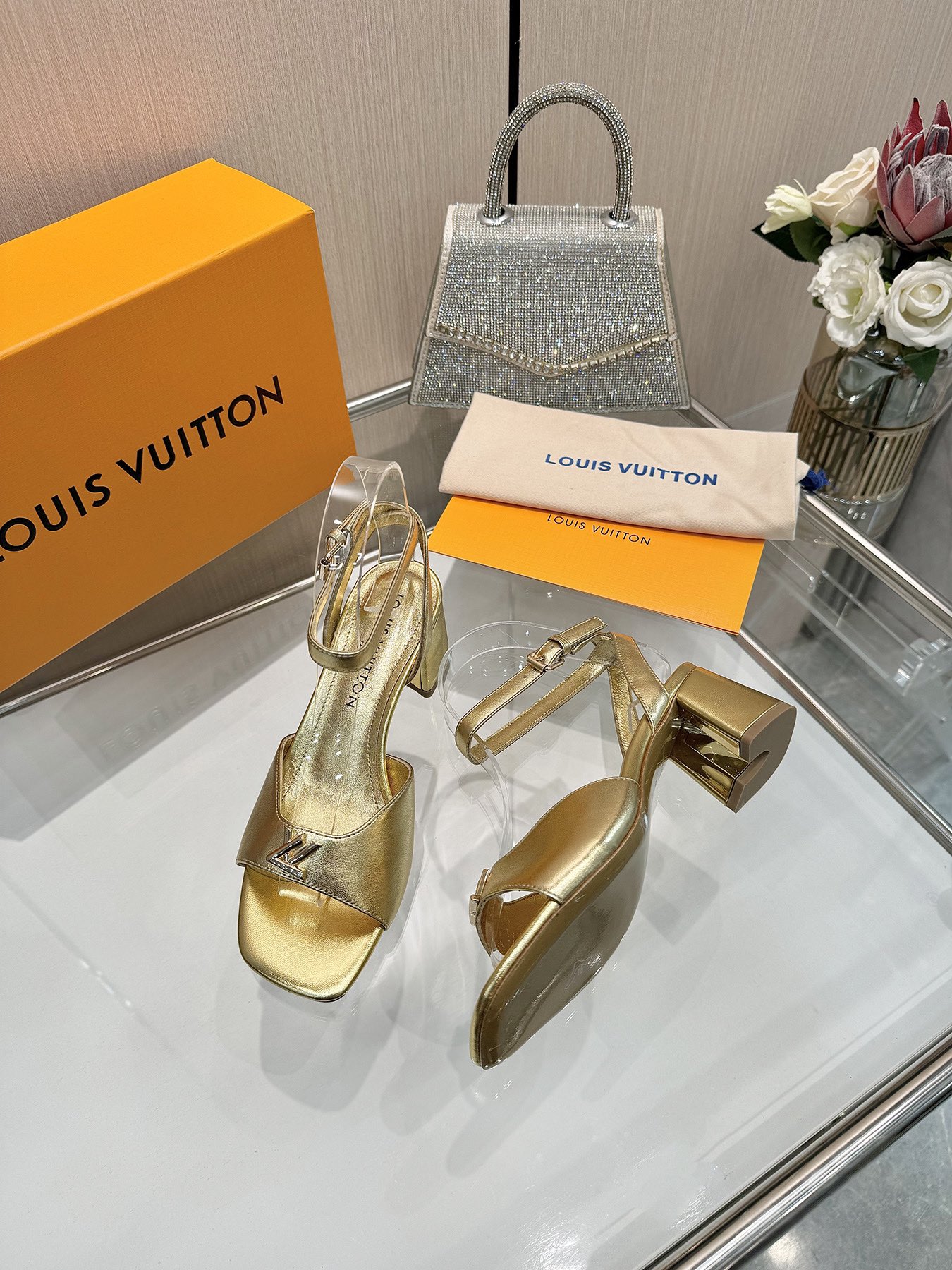 Louis Vuitton Gold Leather Heeled Sandals Ankle Strap Square Toe Shoes 3 i1743255943 5703 0