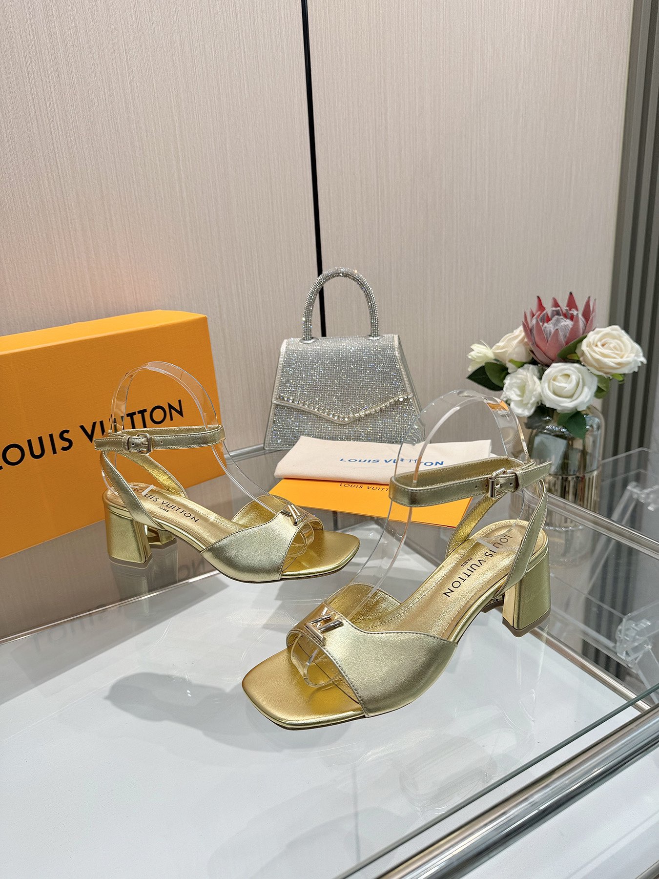 Louis Vuitton Gold Leather Heeled Sandals Ankle Strap Square Toe Shoes 4 i1743255944 1500 9