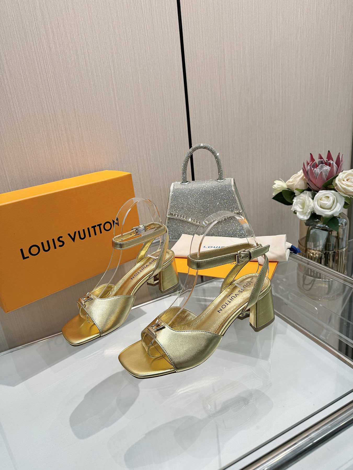 Louis Vuitton Gold Leather Heeled Sandals Ankle Strap Square Toe Shoes 2 i1743255944 3689 5