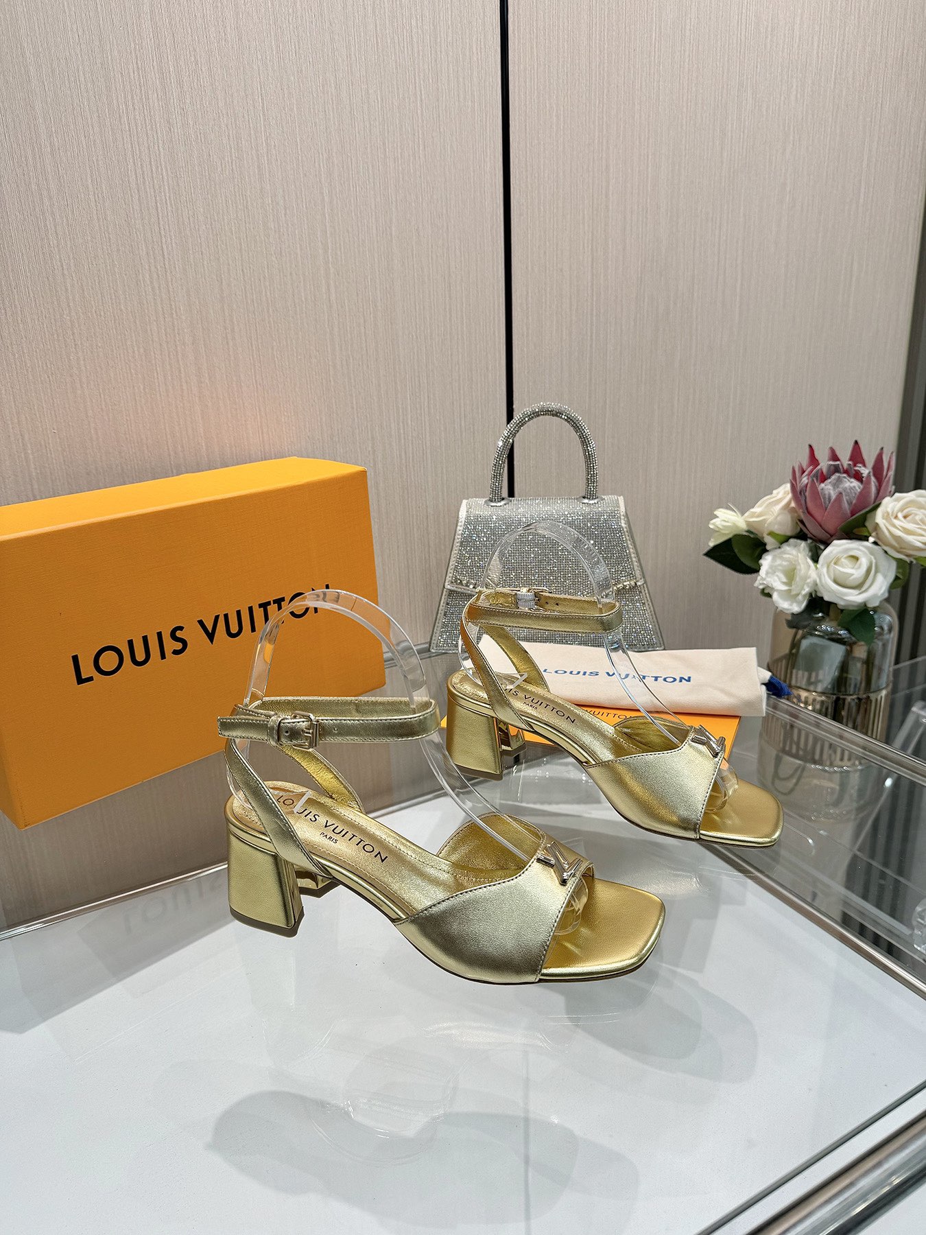 Louis Vuitton Gold Leather Heeled Sandals Ankle Strap Square Toe Shoes 10 i1743255944 391 1