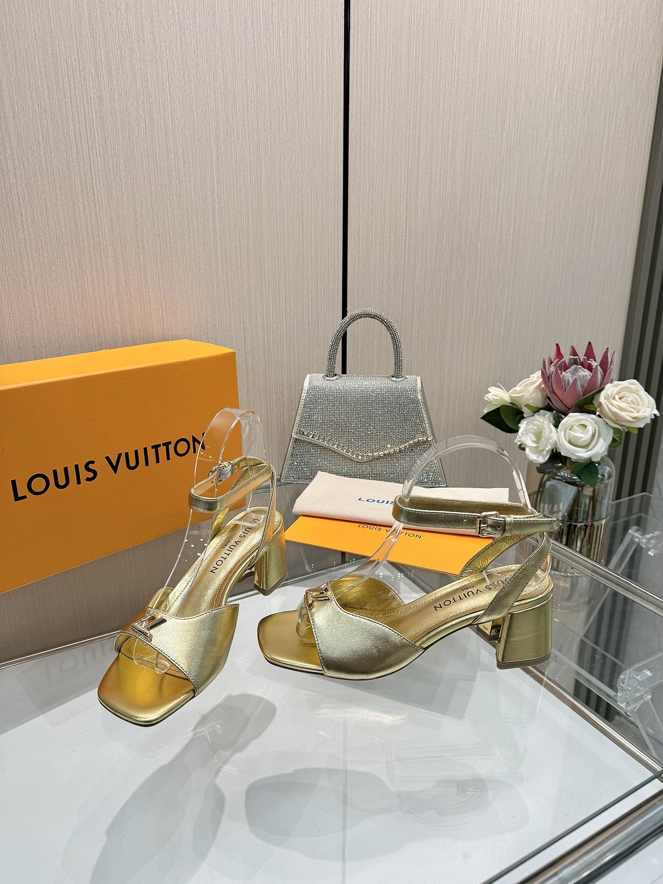 Louis Vuitton Gold Leather Heeled Sandals Ankle Strap Square Toe Shoes 11 i1743255944 7690 6