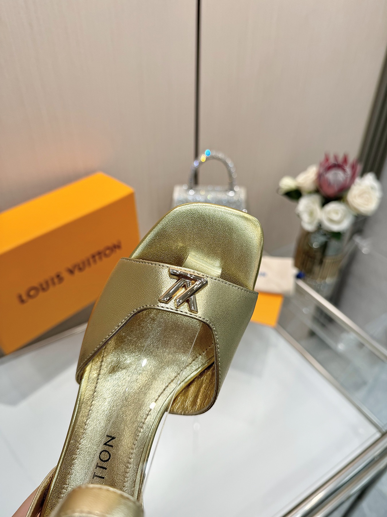 Louis Vuitton Gold Leather Heeled Sandals Ankle Strap Square Toe Shoes 7 i1743255944 869 4