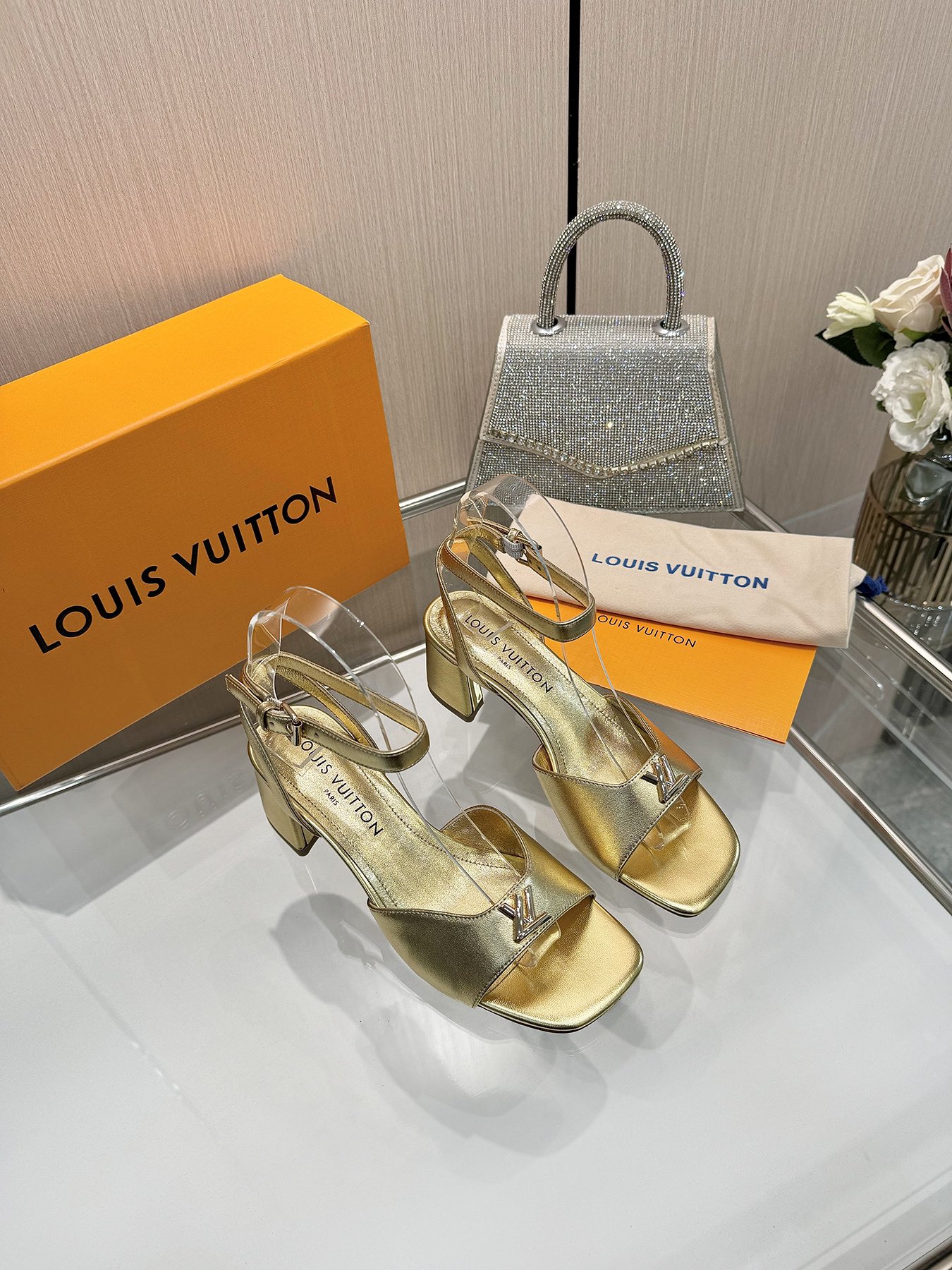Louis Vuitton Gold Leather Heeled Sandals Ankle Strap Square Toe Shoes 5 i1743255944 8983 8