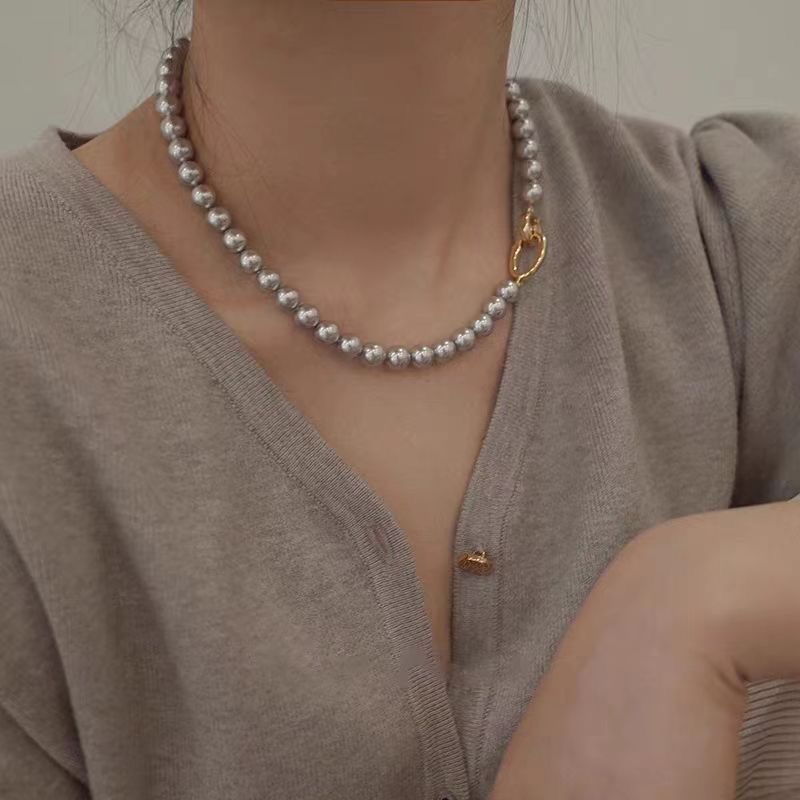 Austrian Gray Crystal Pearl Necklace featuring round, high-luster pearls - Jewelry 2