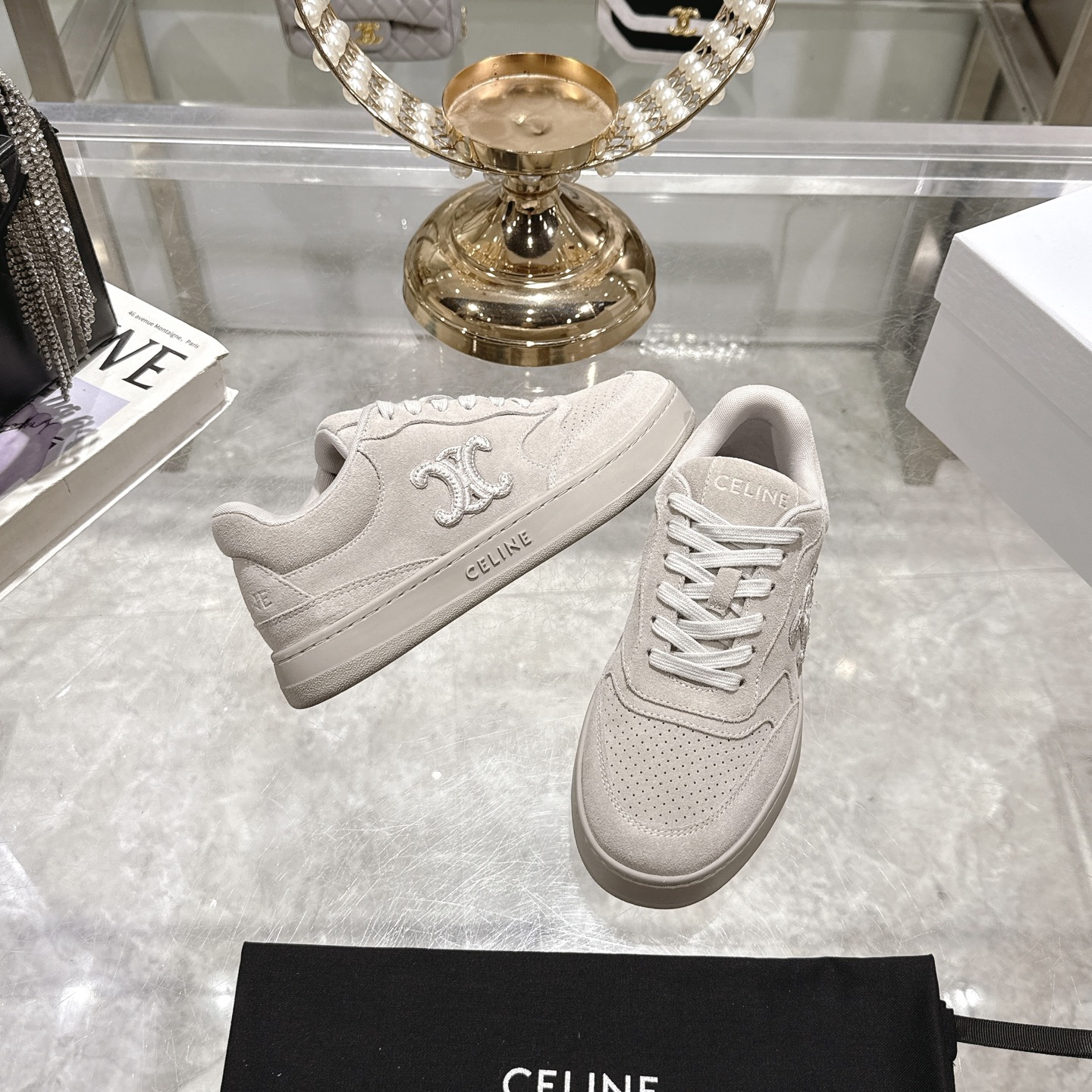 Celine Women's Triomphe Logo Lace-Up Platform Sneakers, Off White, Comfortable 7 i1742629517460 4427 0 4