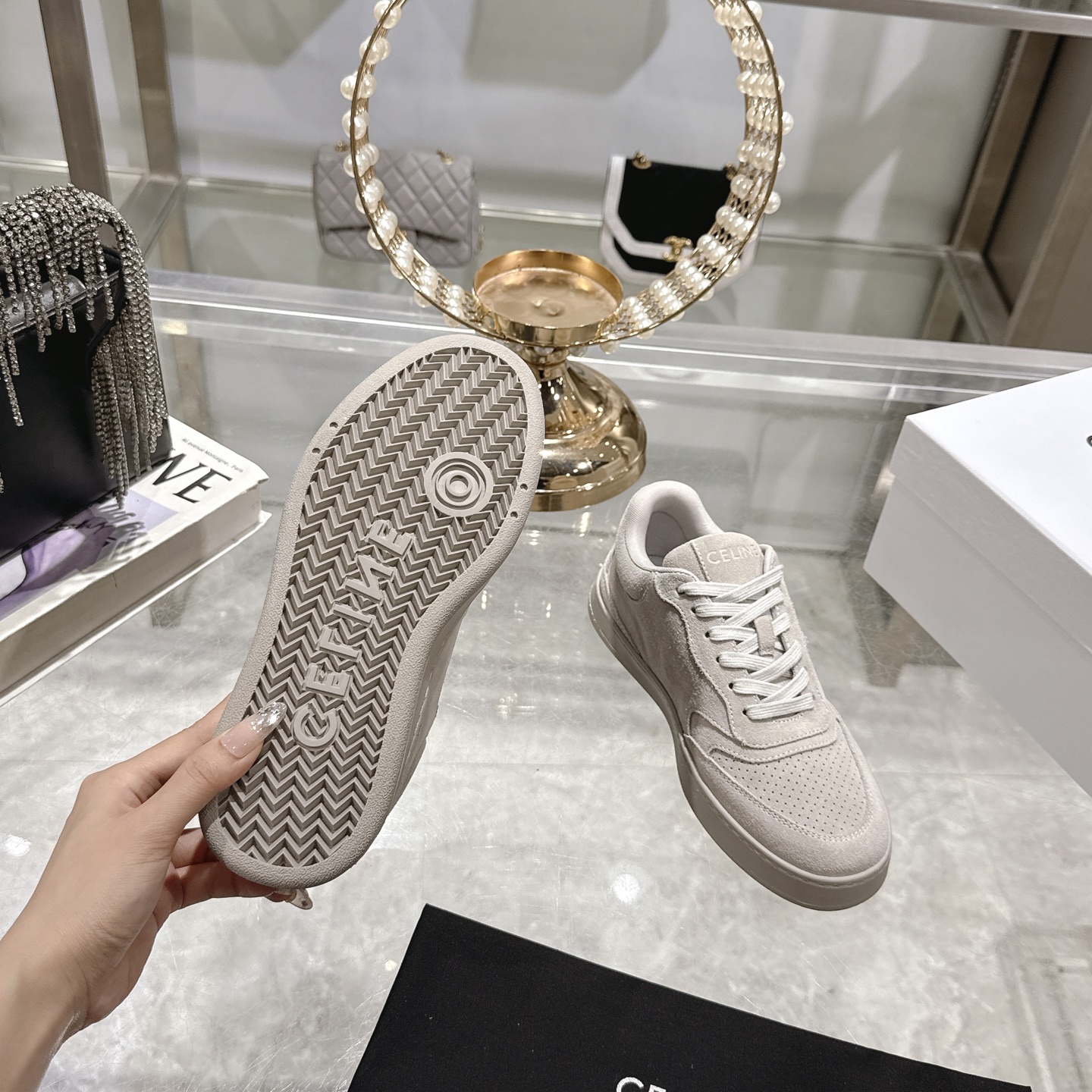 Celine Women's Triomphe Logo Lace-Up Platform Sneakers, Off White, Comfortable 10 i1742629517916 8287 0 8