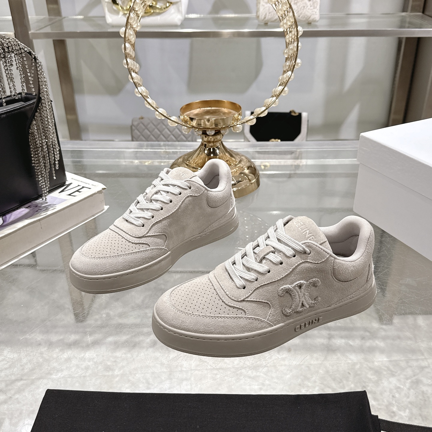 Celine Women's Triomphe Logo Lace-Up Platform Sneakers, Off White, Comfortable 5 i1742629518121 9316 0 2