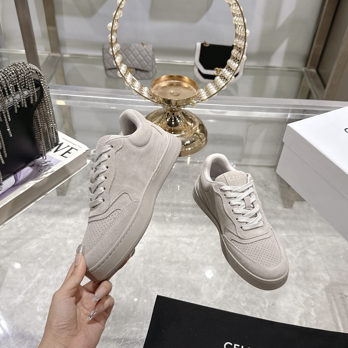 Celine Women's Triomphe Logo Lace-Up Platform Sneakers, Off White, Comfortable 6 i1742629522091 6051 0 3