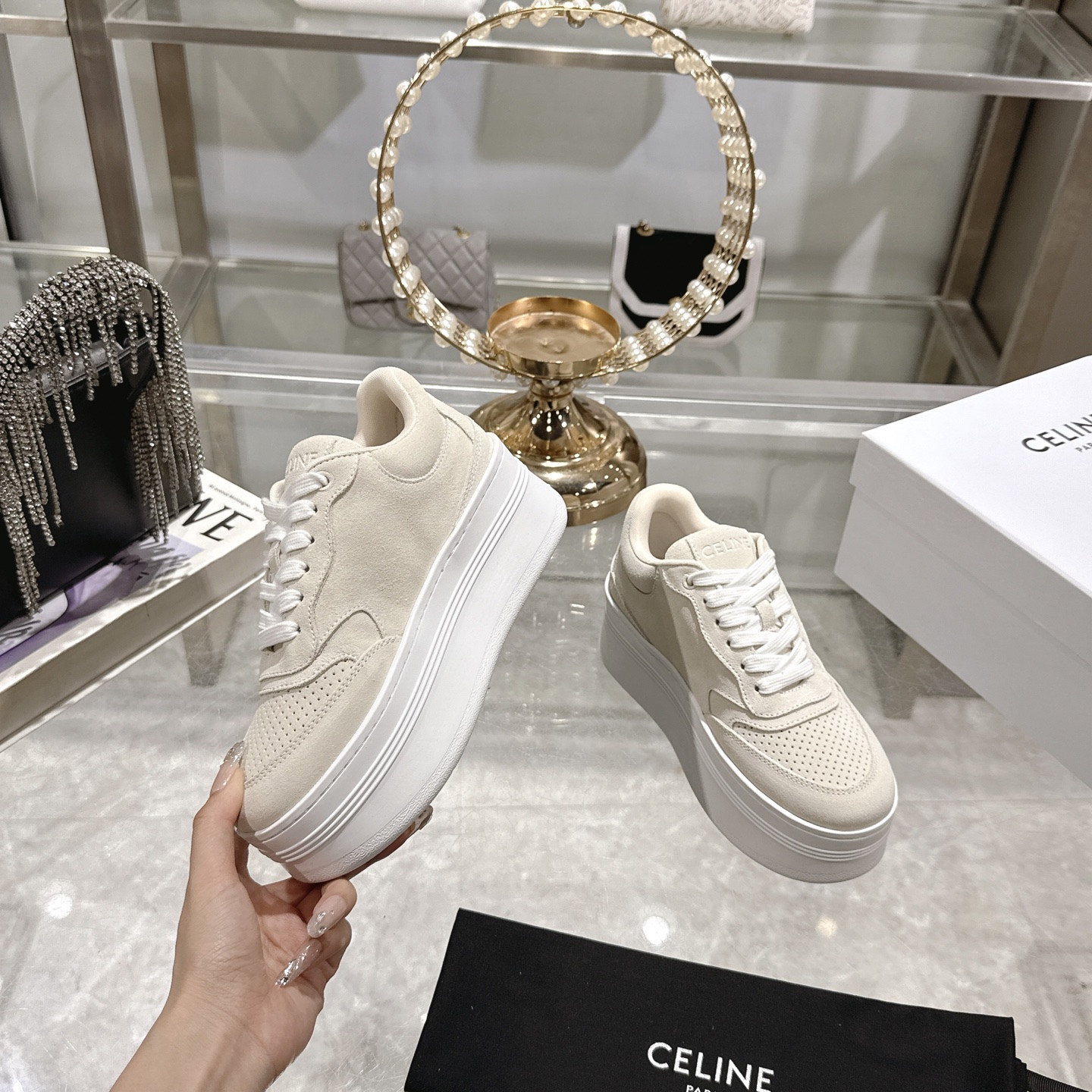 Celine Women's White Leather Lace-Up Sneakers Platform Logo Casual Shoes 6 i1742629547081 7406 0 3