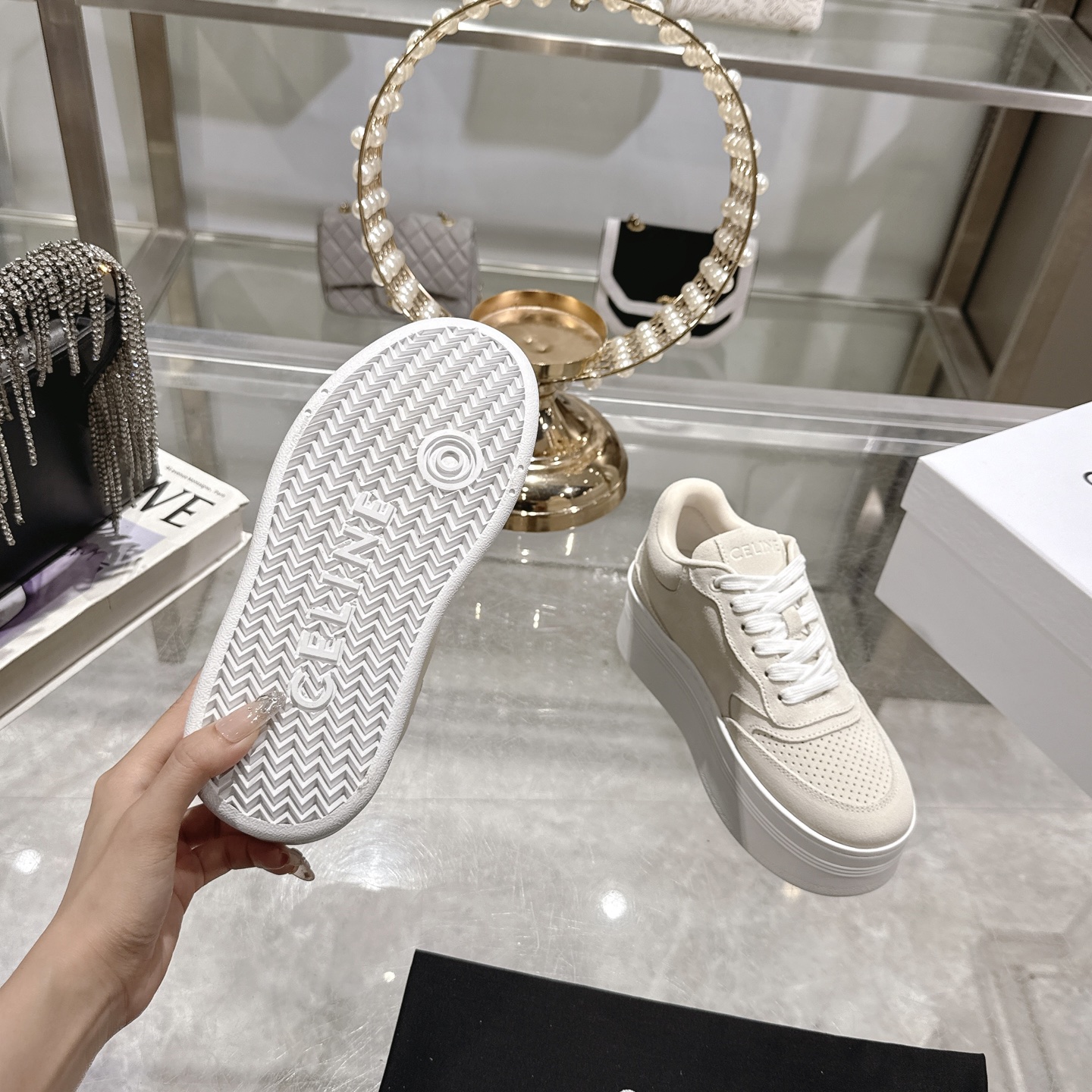 Celine Women's White Leather Lace-Up Sneakers Platform Logo Casual Shoes 10 i1742629547551 9475 0 8