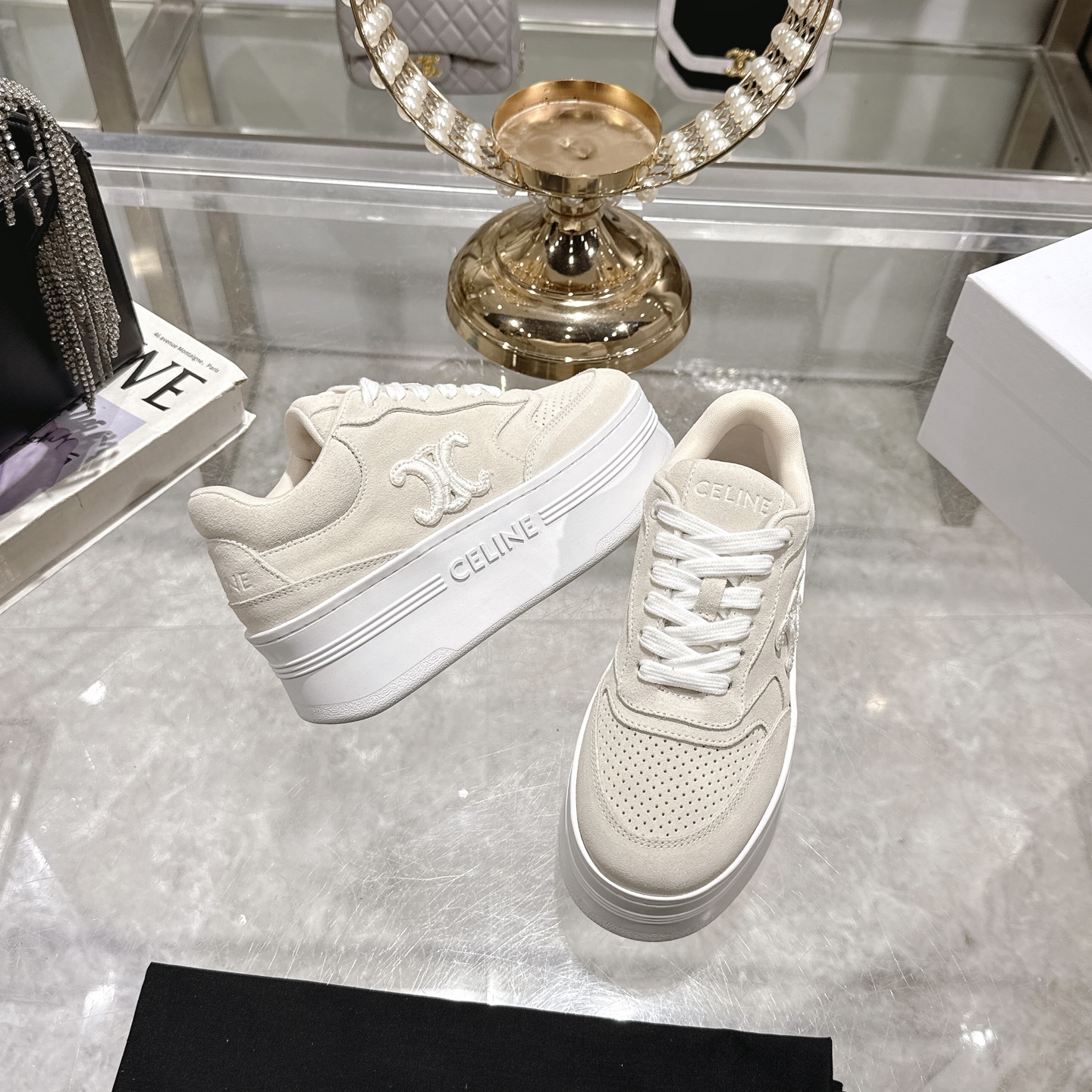 Celine Women's White Leather Lace-Up Sneakers Platform Logo Casual Shoes 7 i1742629547941 4086 0 5