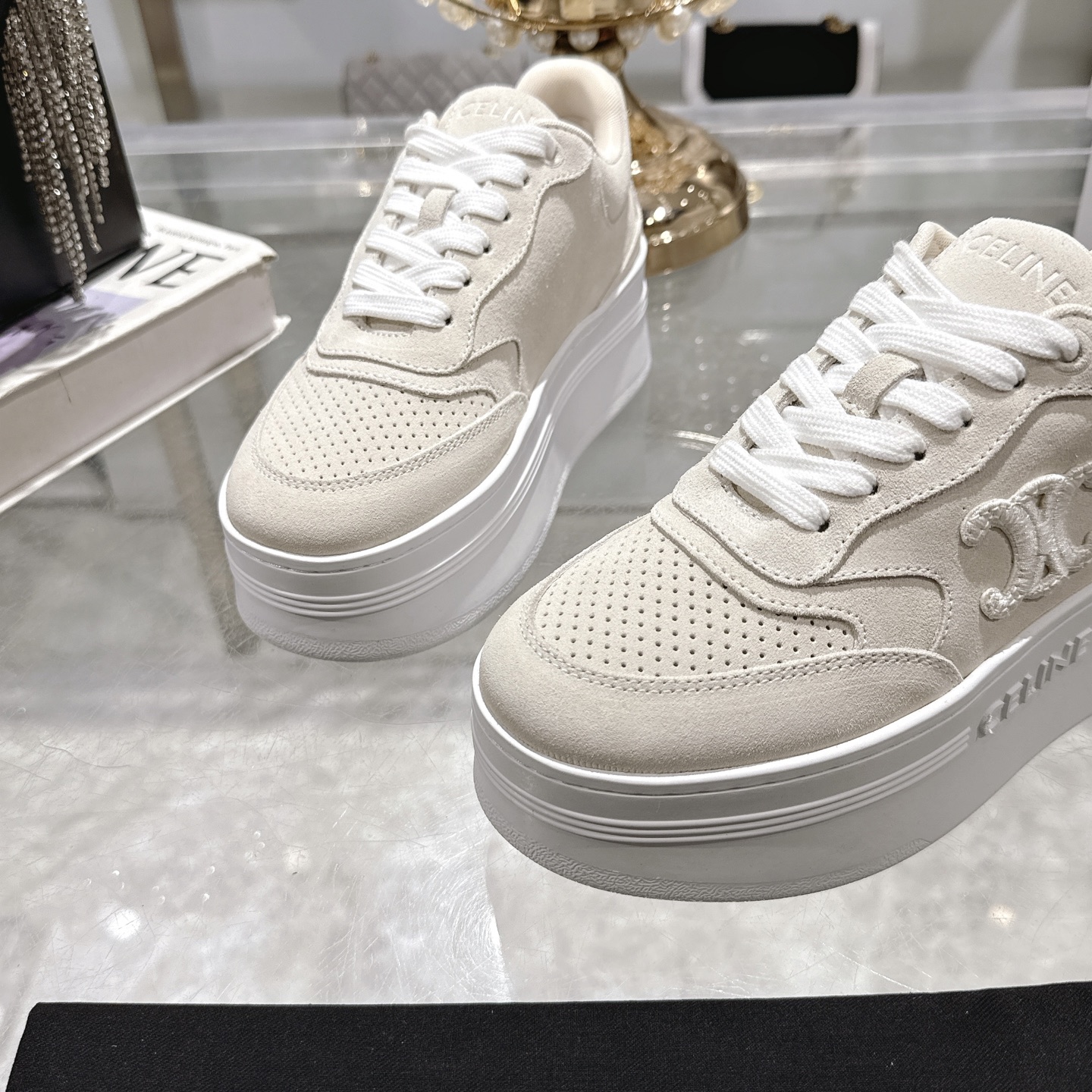 Celine Women's White Leather Lace-Up Sneakers Platform Logo Casual Shoes 9 i1742629548181 7955 0 7