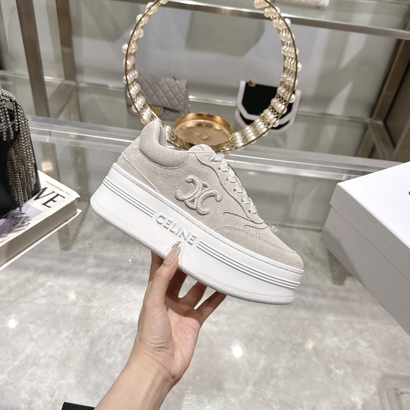 Celine Women's Logo Lace-Up Platform Sneakers Height Increasing White Shoes 1 Celine Women's Logo Lace-Up Platform Sneakers Height Increasing White Shoes