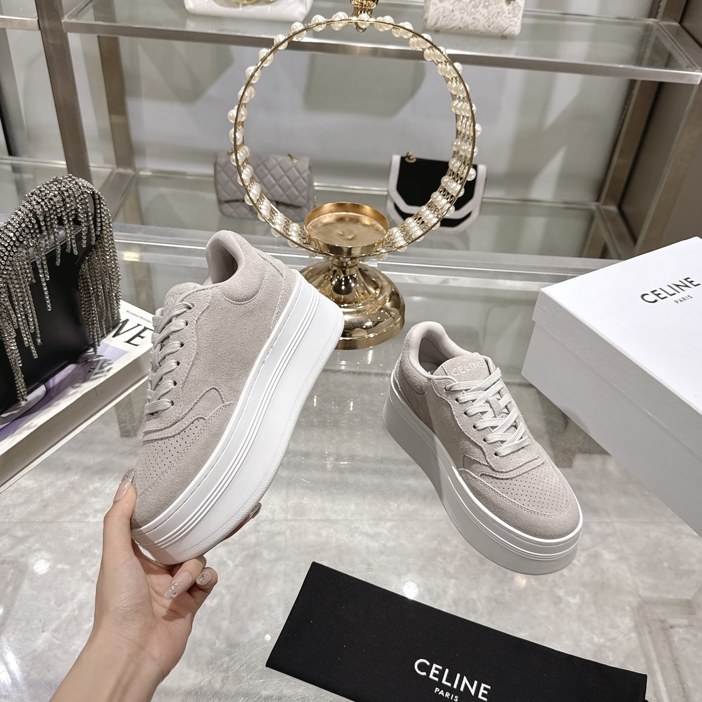 Celine Women's Logo Lace-Up Platform Sneakers Height Increasing White Shoes 6 i1742629565269 8200 0 3
