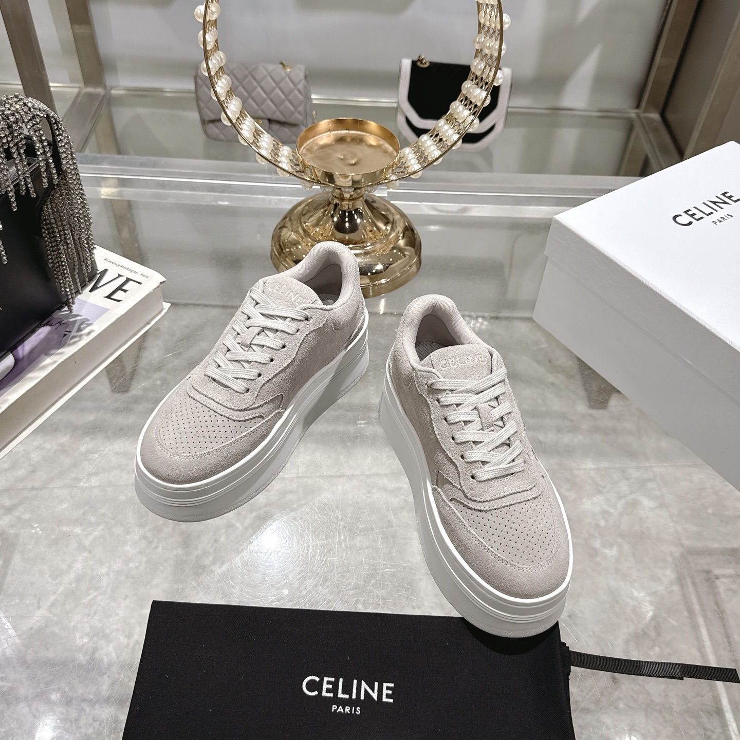 Celine Women's Logo Lace-Up Platform Sneakers Height Increasing White Shoes 4 i1742629568885 5635 0 1