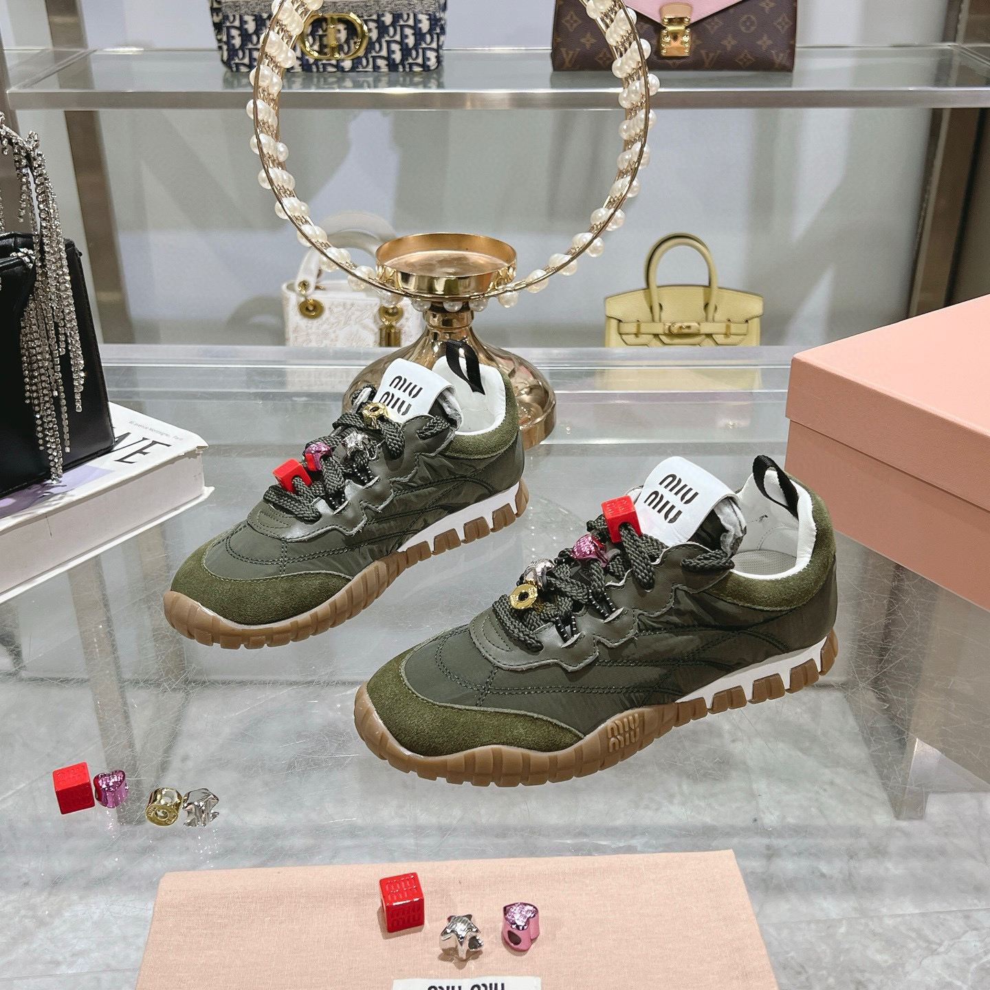 Miu Miu Women's Olive Green Canvas and Suede Trim Chunky Sole Sneakers 1 Miu Miu Women's Olive Green Canvas and Suede Trim Chunky Sole Sneakers
