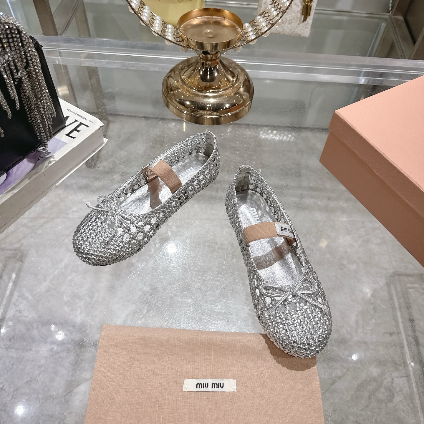 Miu Miu Women's Silver Ballet Flats with Bow Detail and Ankle Strap 4 i1743409626989 2098 0 1