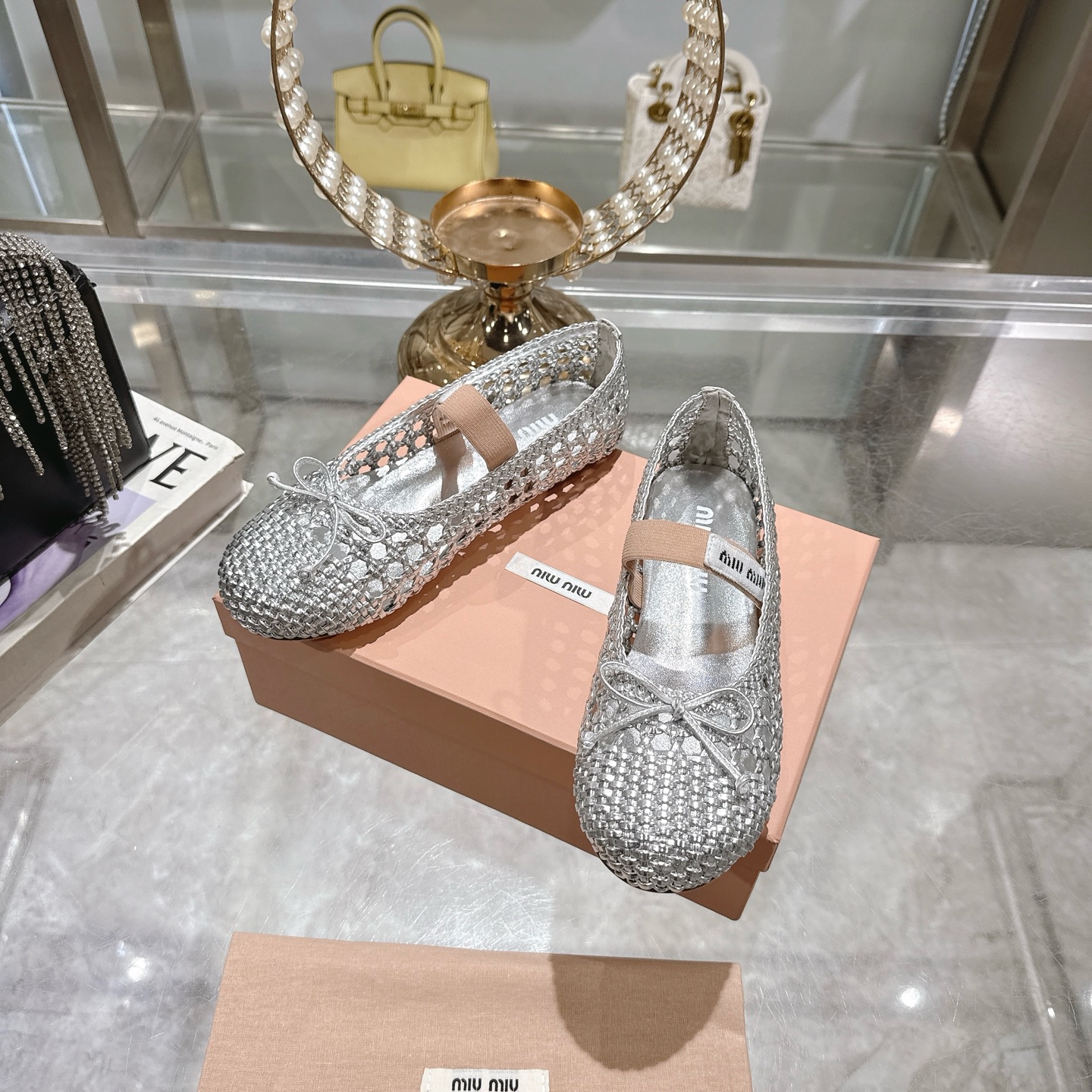 Miu Miu Women's Silver Ballet Flats with Bow Detail and Ankle Strap 2 i1743409627466 1674 0 5