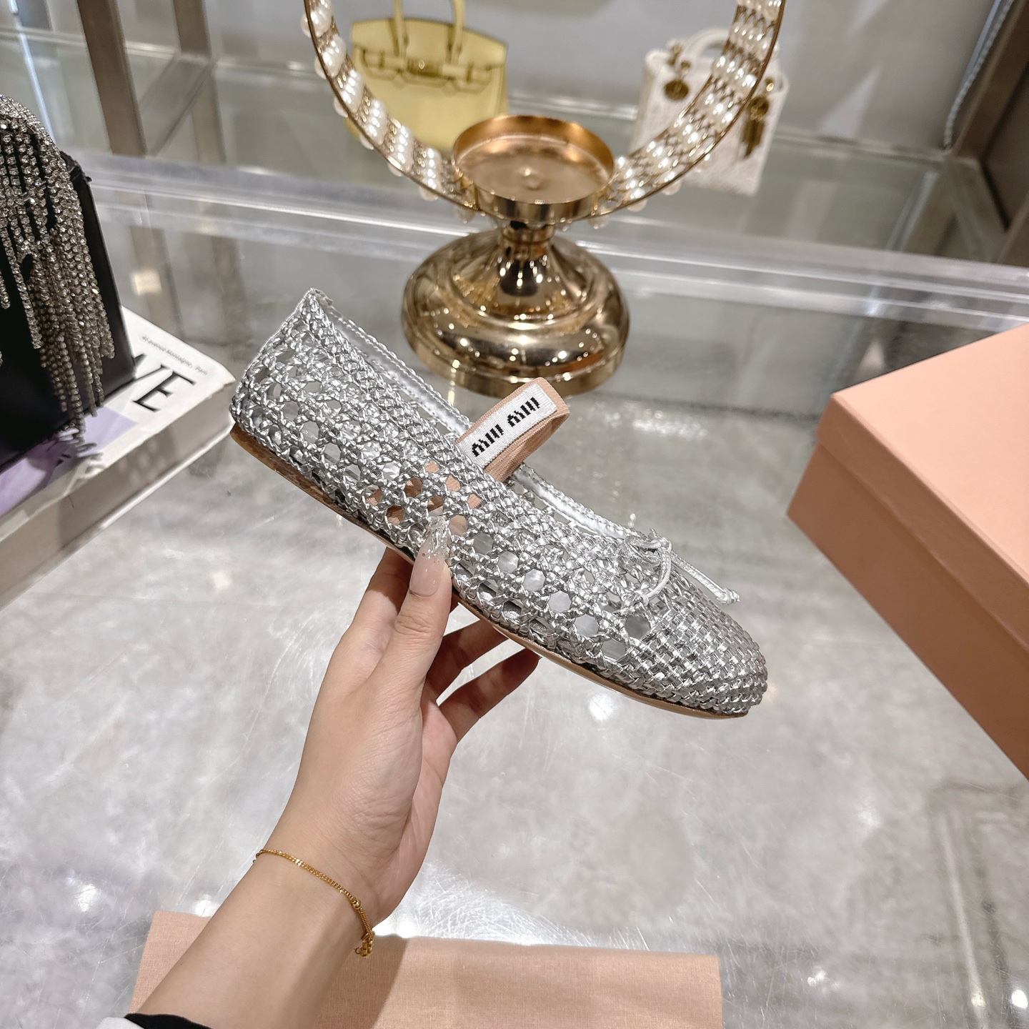 Miu Miu Women's Silver Ballet Flats with Bow Detail and Ankle Strap 7 i1743409627509 3304 0 4