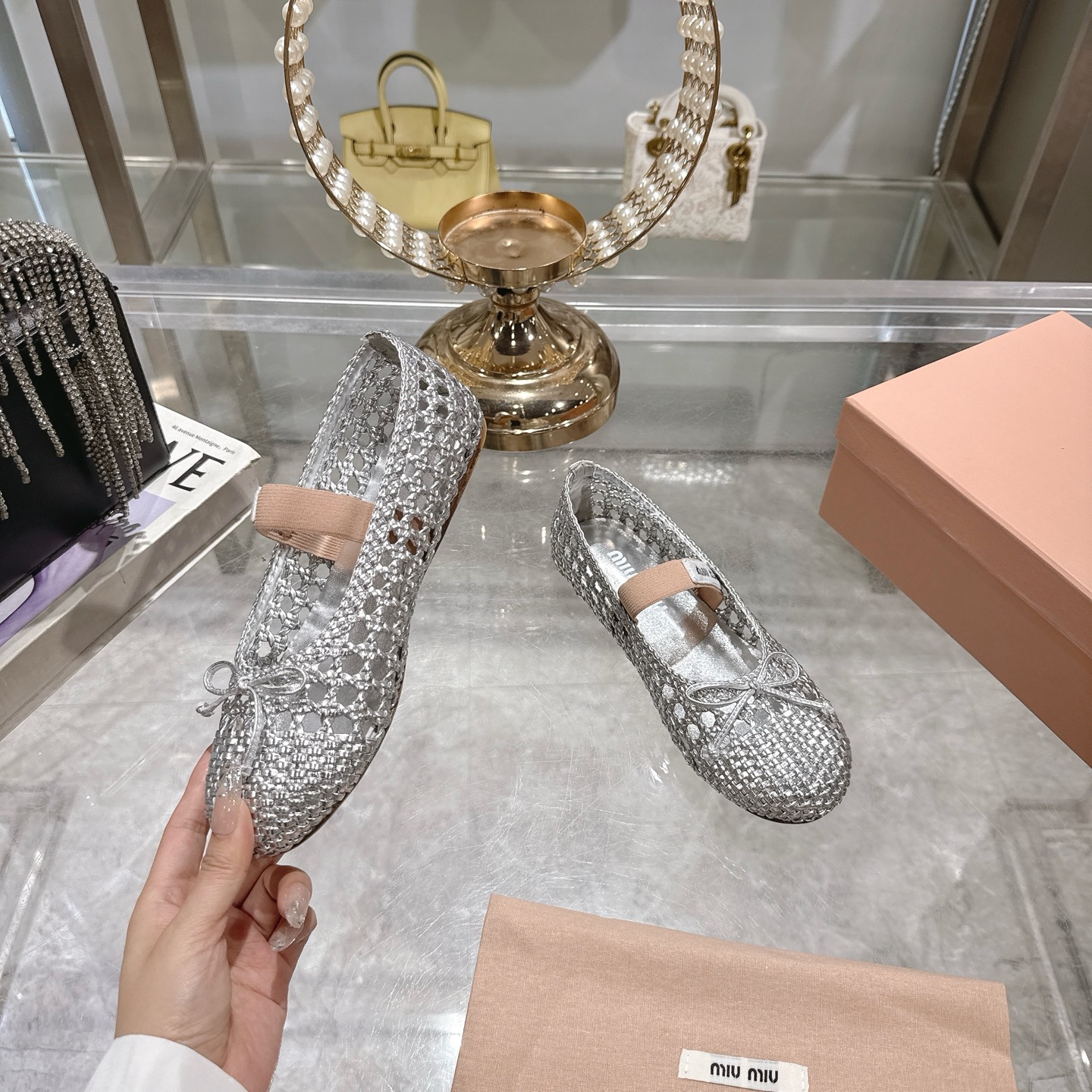 Miu Miu Women's Silver Ballet Flats with Bow Detail and Ankle Strap 6 i1743409628758 3114 0 3