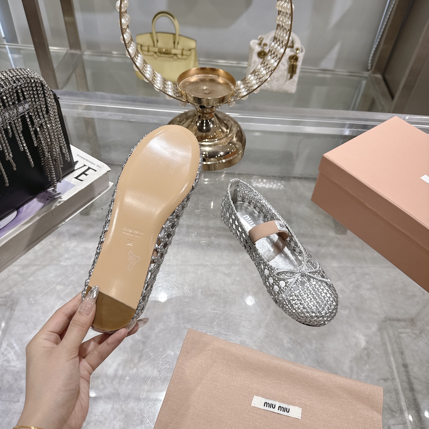 Miu Miu Women's Silver Ballet Flats with Bow Detail and Ankle Strap 10 i1743409628956 5843 0 8