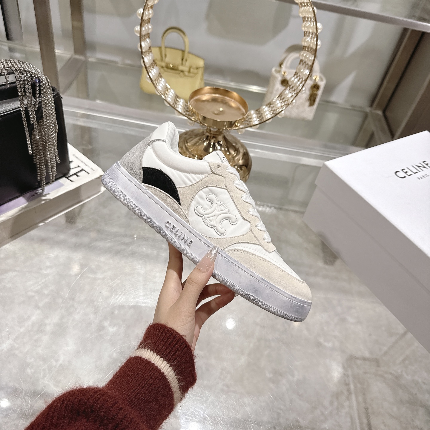 Celine Women's Triomphe Logo Lace-Up Thick Sole Sneakers White 1 Celine Women's Triomphe Logo Lace-Up Thick Sole Sneakers White