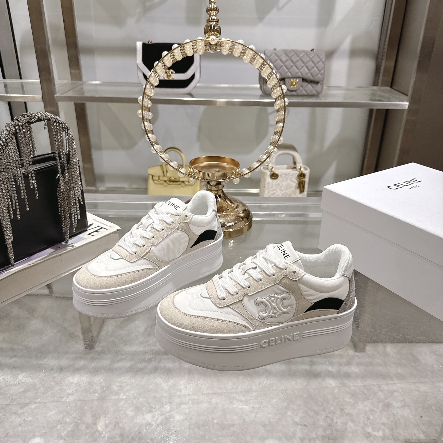 Celine Women's Triomphe Logo Lace-Up Platform Sneakers White 6 i1743932112167 9815 0 4