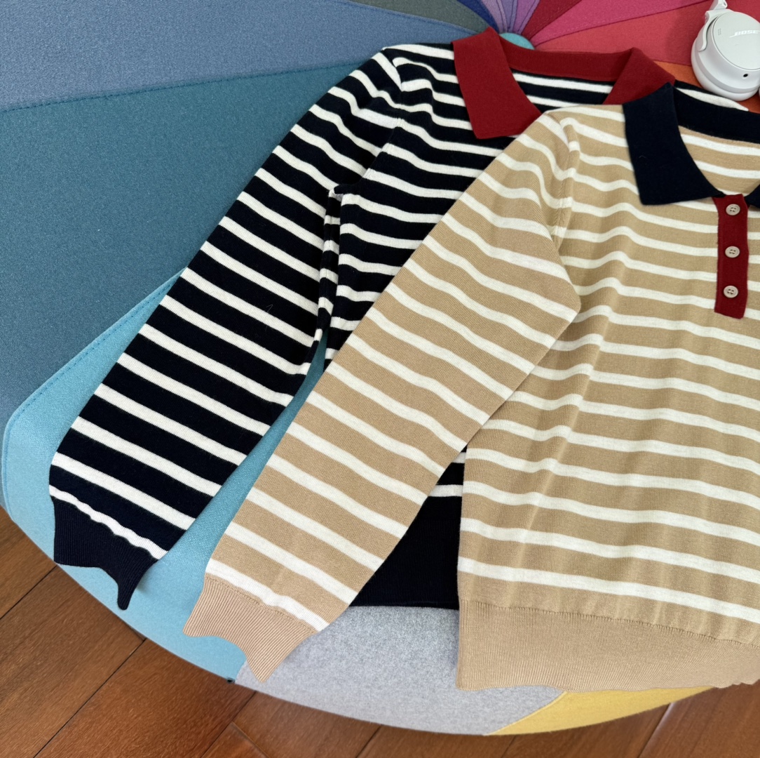 Retro Striped Polo Sweater Women's Wool Blend Long Sleeve Knit Top 4 i1759462104 9005 7