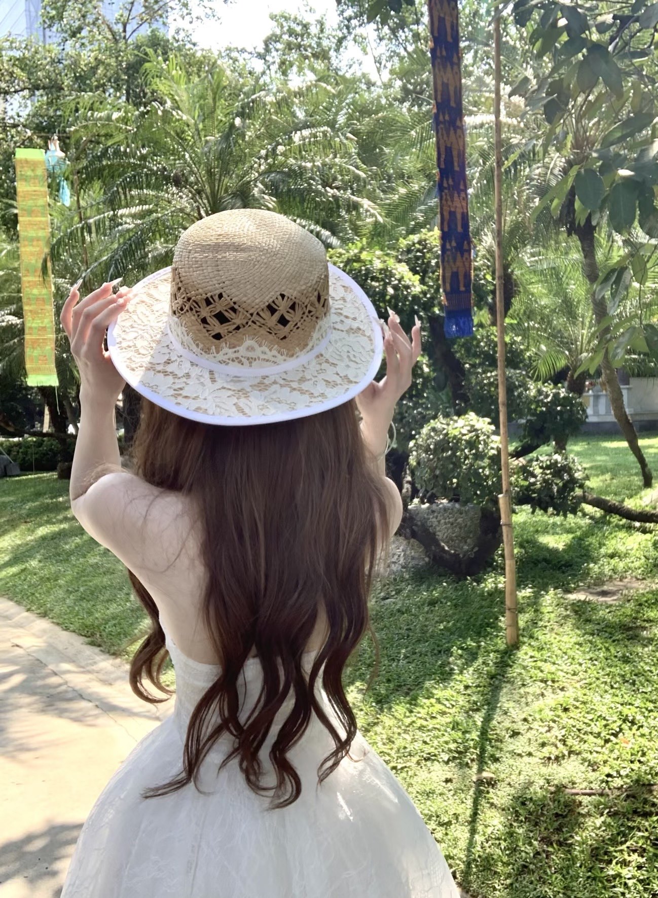 Pmiumiu草帽🖤蕾丝包边拉菲草平顶帽✨百搭时尚款📣白色 黑色