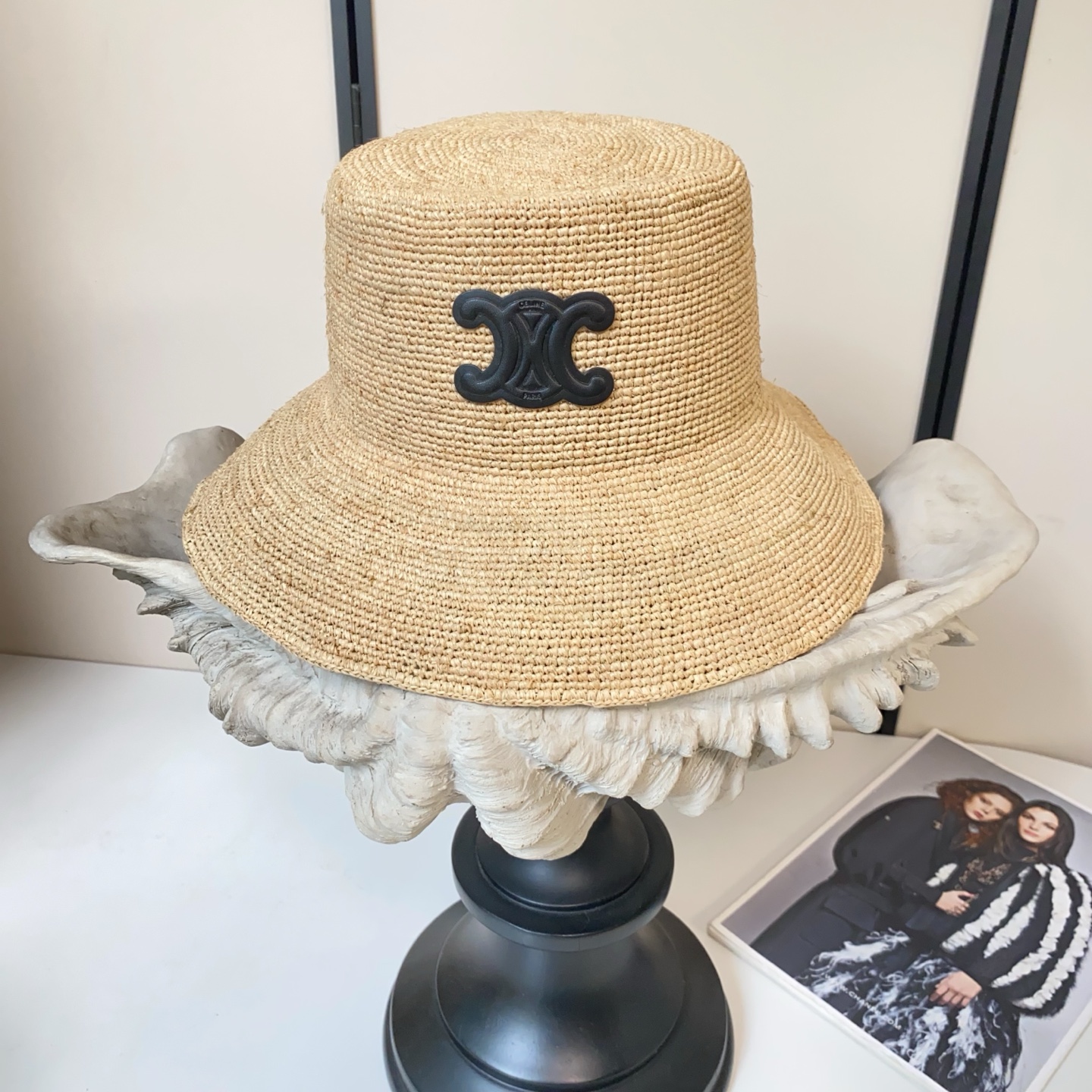 Celine 凯旋门logo拉菲草盆帽