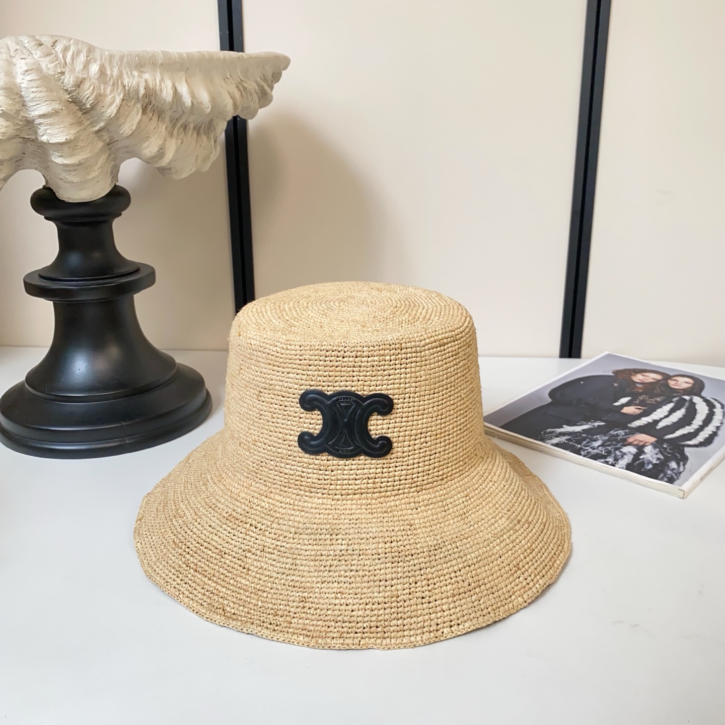 Celine 凯旋门logo拉菲草盆帽