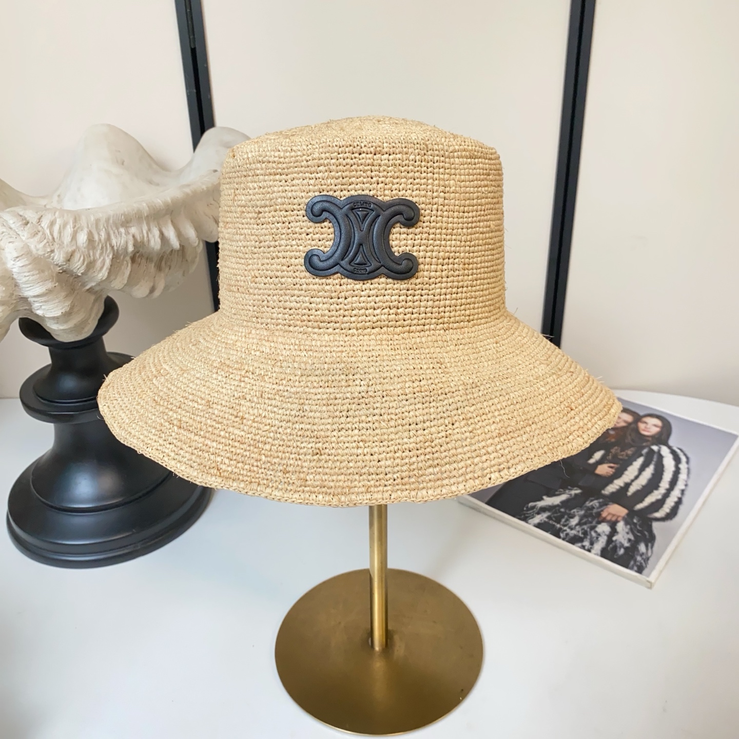 Celine 凯旋门logo拉菲草盆帽