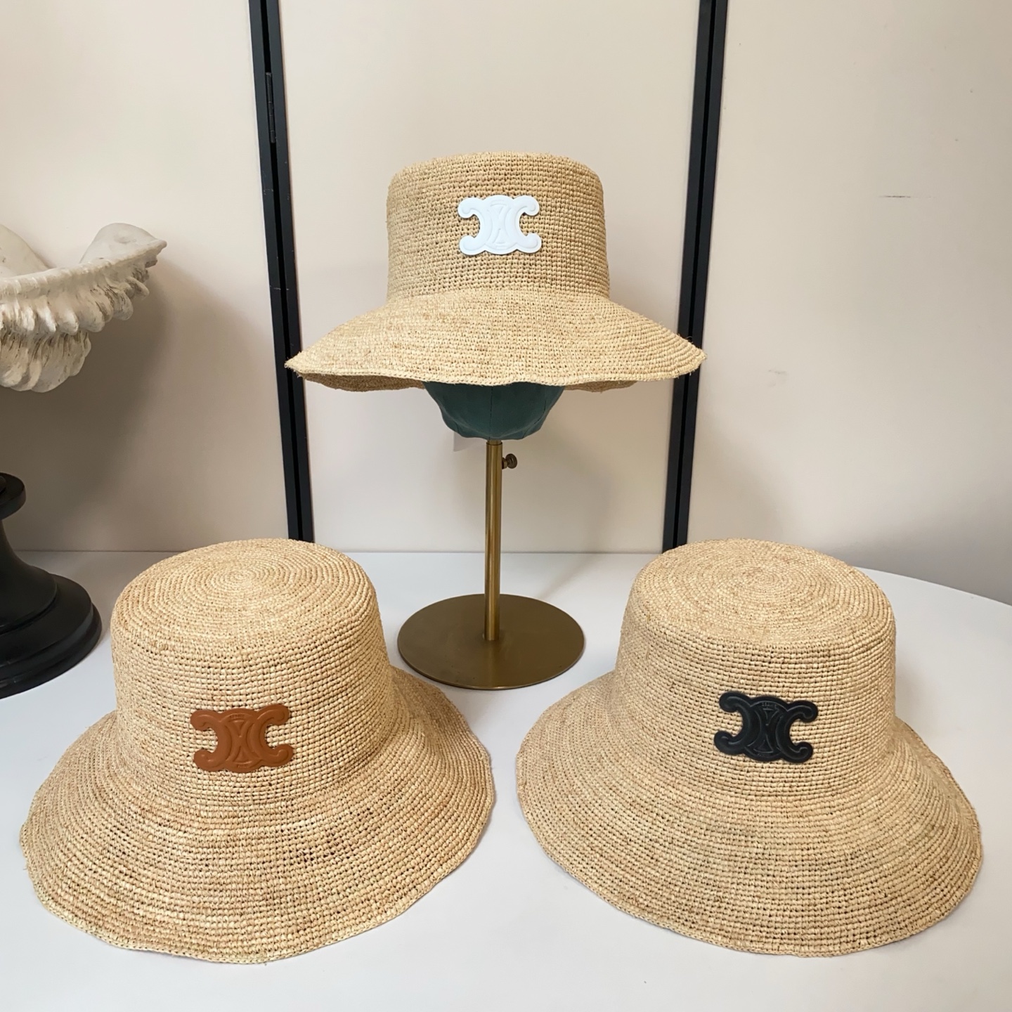 Celine 凯旋门logo拉菲草盆帽